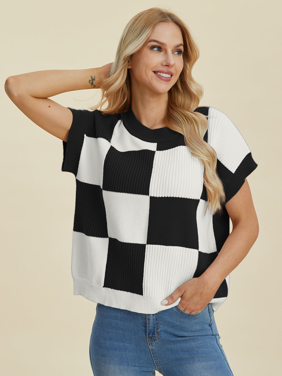 Double Take Full Size Checkered Round Neck Short Sleeve Sweater 8729 | Gulf Resellers