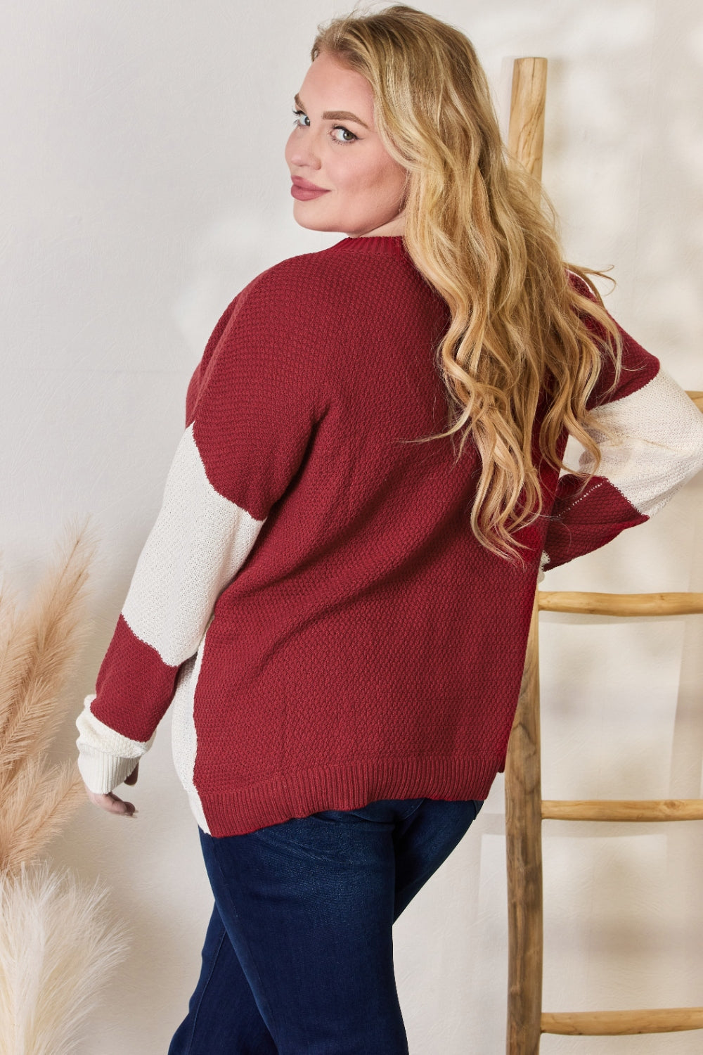 Hailey & Co Full Size Color Block Dropped Shoulder Knit Top | Gulf Resellers
