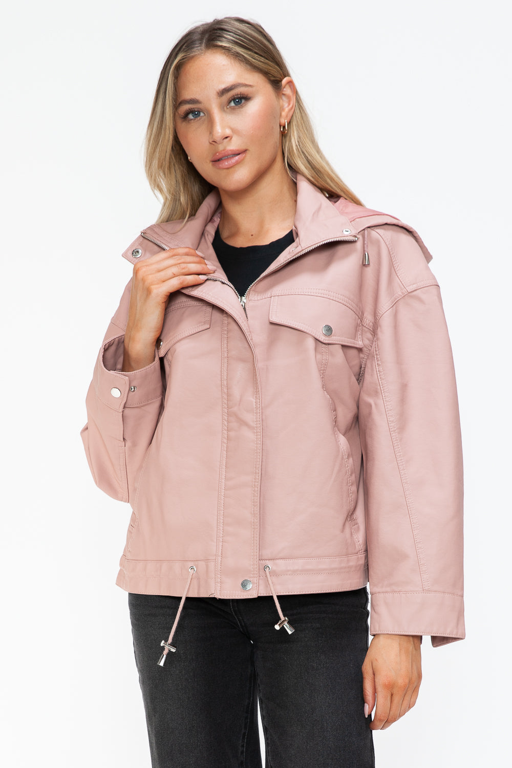 How Dare U Drawstring Hem PU Leather Zip Up Jacket 15545 | Gulf Resellers