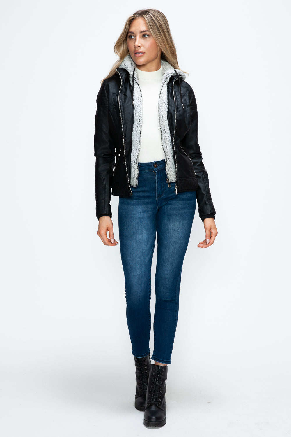 YMI Faux Layered Double-Zipper Jacket with Fuzzy Hood 15662 | Gulf Resellers