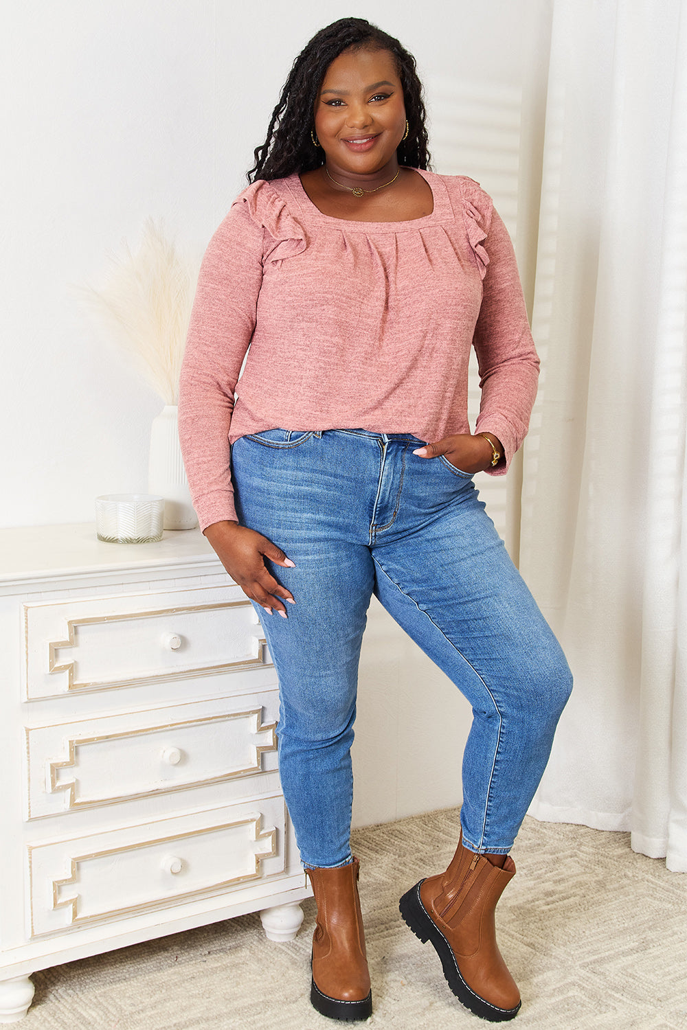 Double Take Square Neck Ruffle Shoulder Long Sleeve T-Shirt | Gulf Resellers