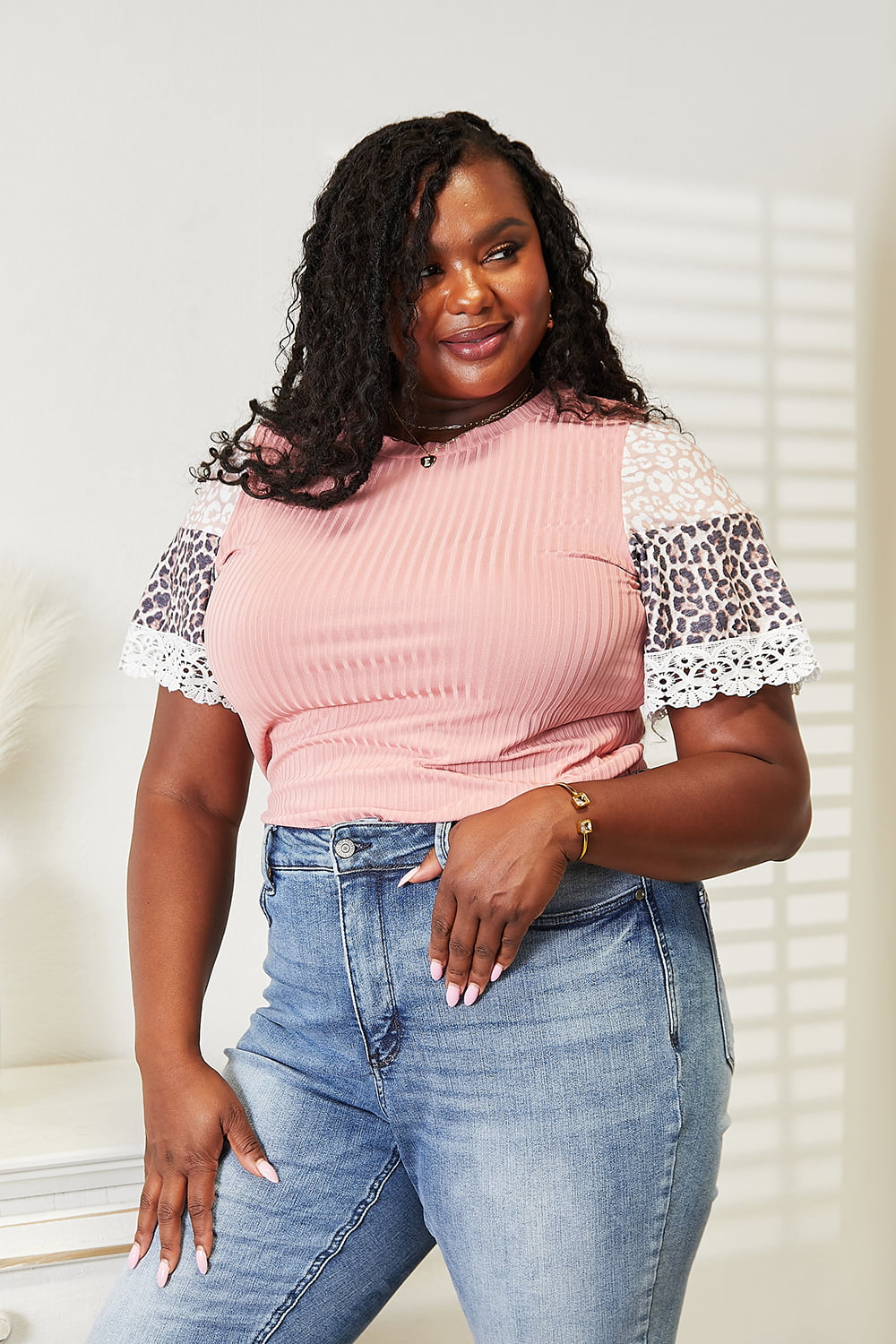 Double Take Leopard Lace Trim Ribbed Round Neck Top | Gulf Resellers