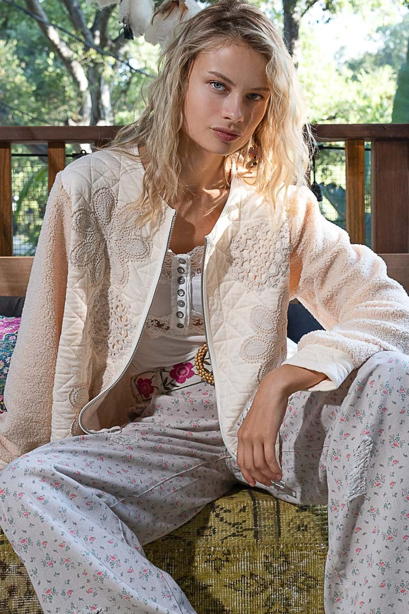 POL Lace Detail Fur Sleeve Zip Up Quilted Jacket 13661 | Gulf Resellers