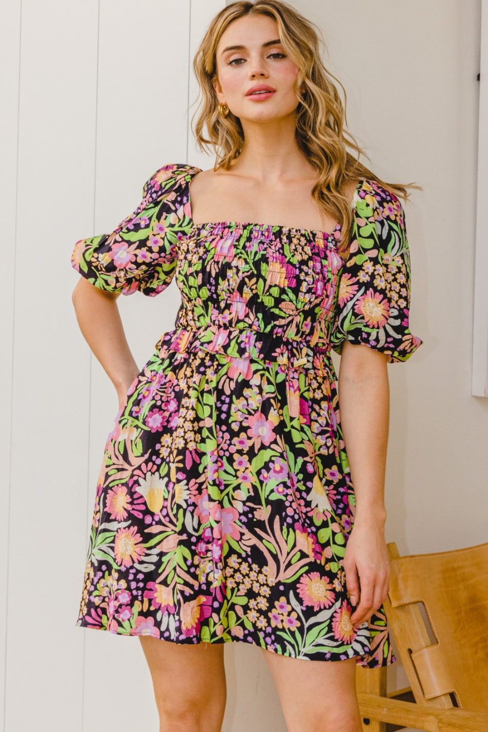 ODDI Full Size Floral Tie-Back Mini Dress 6451 | Gulf Resellers