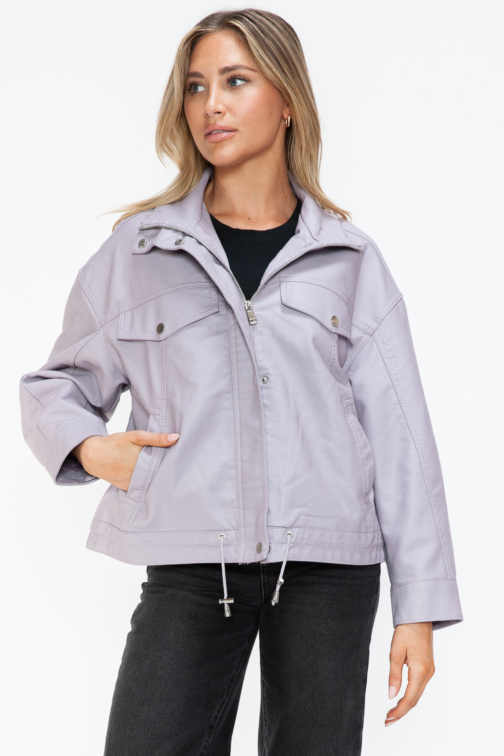 How Dare U Drawstring Hem PU Leather Zip Up Jacket 15442 | Gulf Resellers