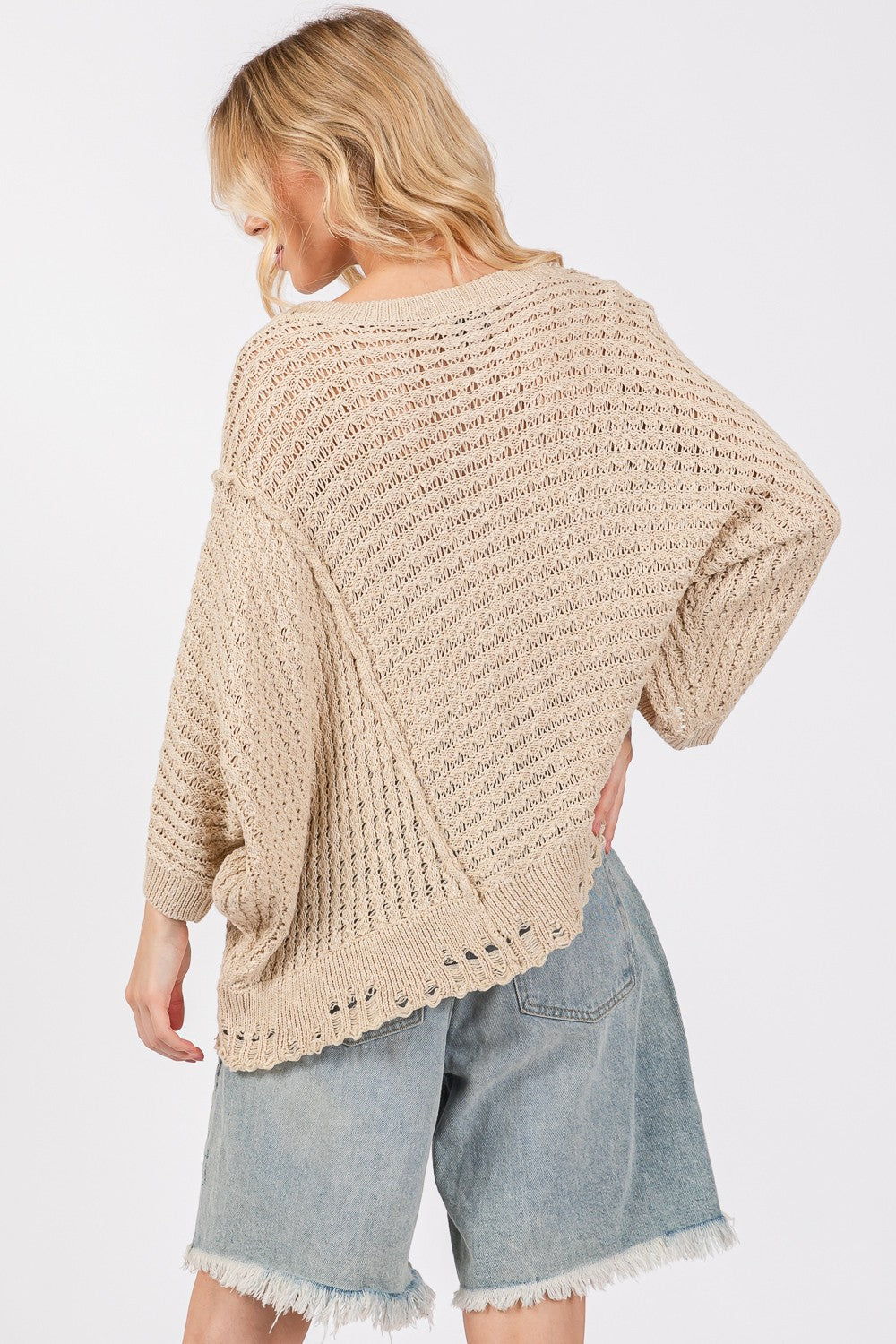 SAGE + FIG Distressed Asymmetrical Open Stitch Sweater 9133 | Gulf Resellers