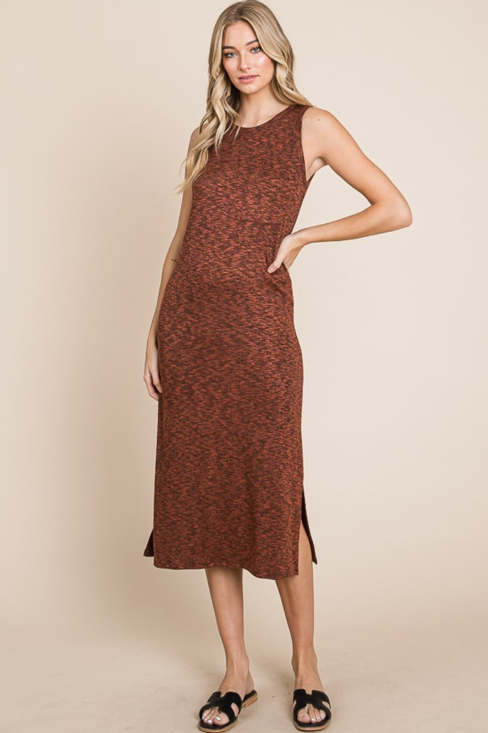 BOMBOM Slit Round Neck Sleeveless Midi Dress 9274 | Gulf Resellers
