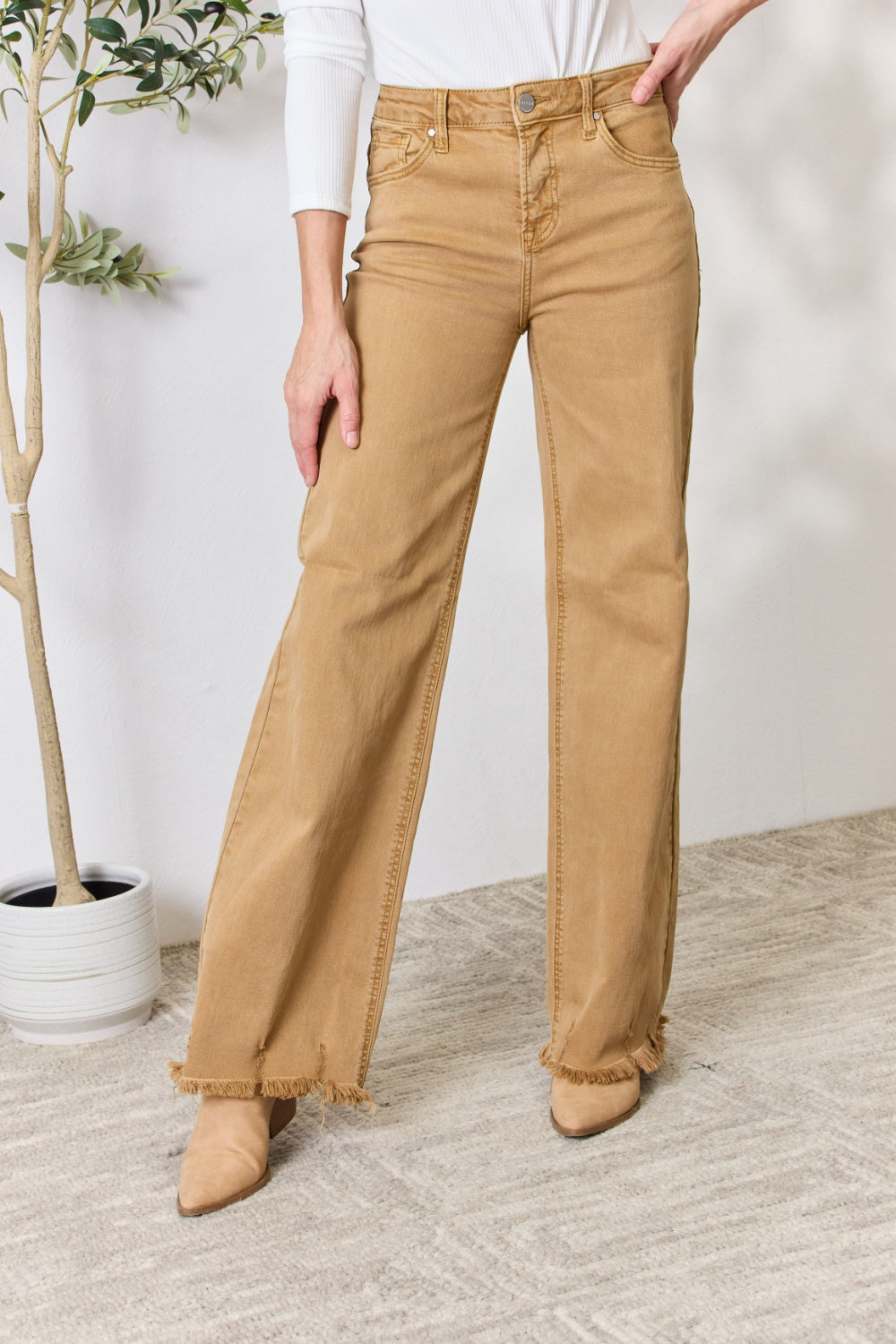 RISEN Full Size Fringe Hem Wide Leg Jeans | Gulf Resellers