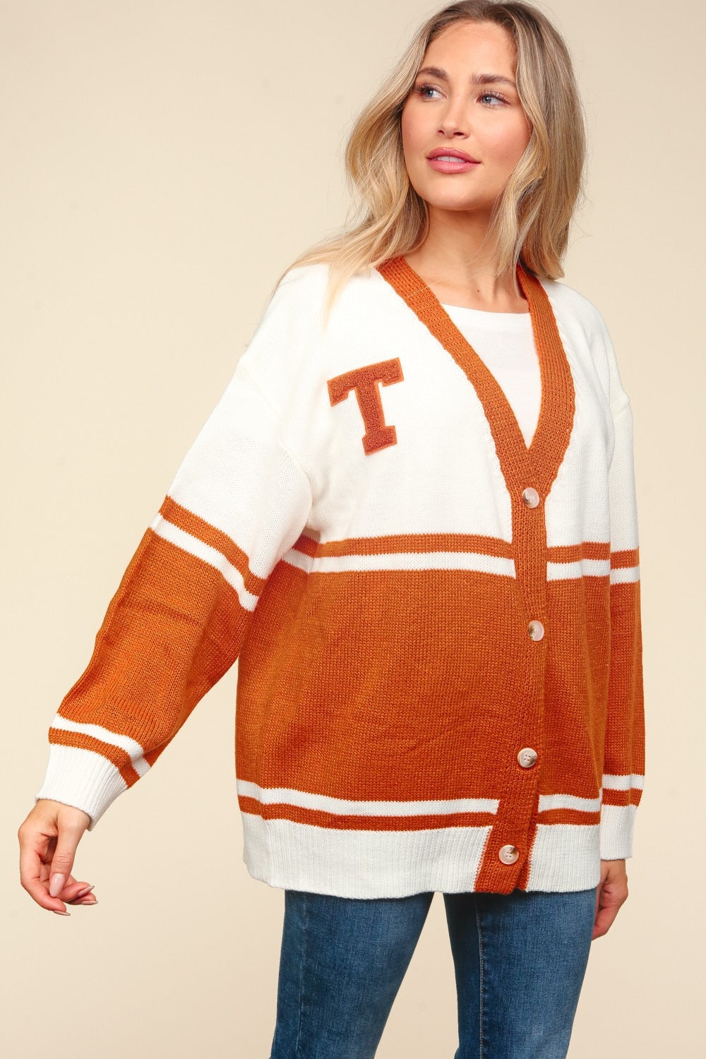 Haptics Full Size V Neck Button Down Letter Patch Cardigan 9982 | Gulf Resellers