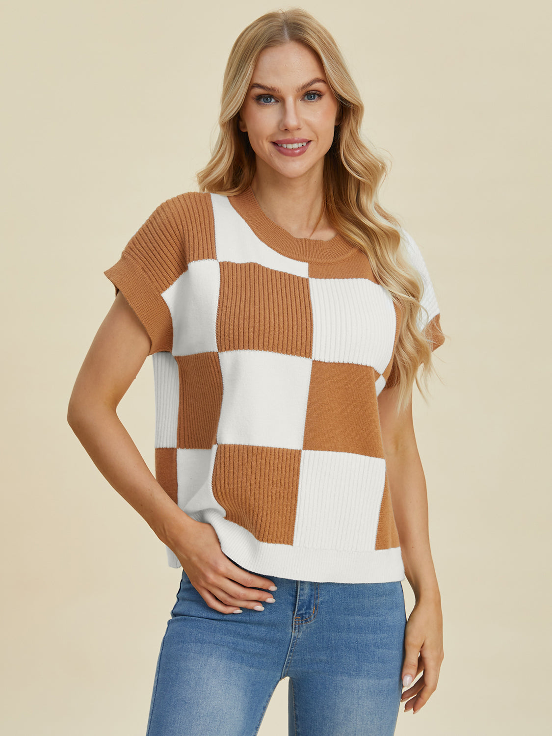 Double Take Full Size Checkered Round Neck Short Sleeve Sweater 8741 | Gulf Resellers