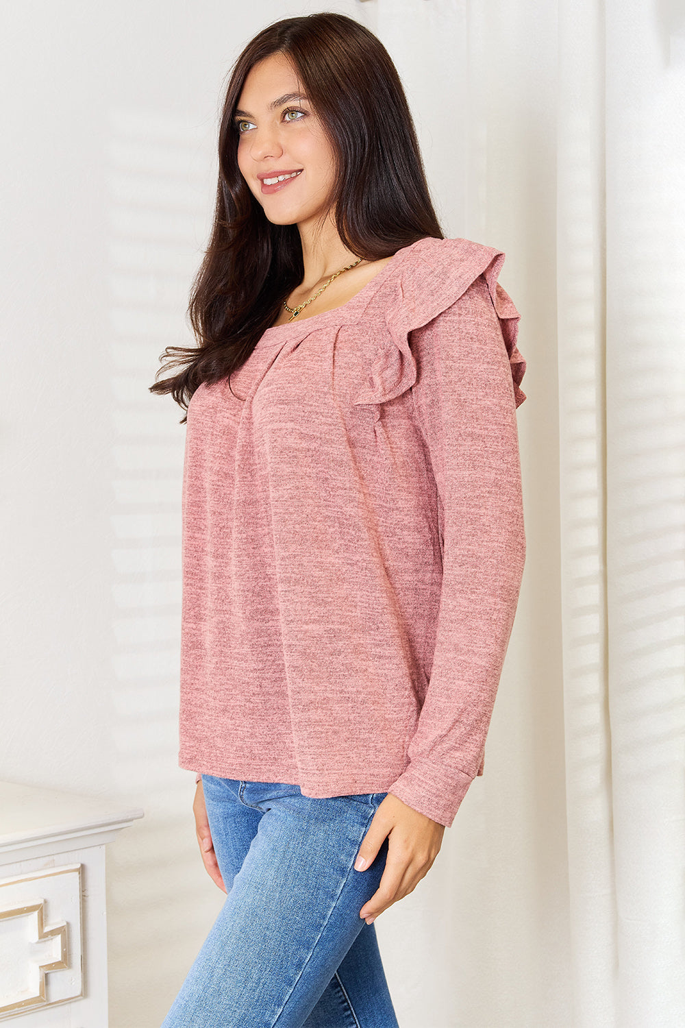 Double Take Square Neck Ruffle Shoulder Long Sleeve T-Shirt | Gulf Resellers