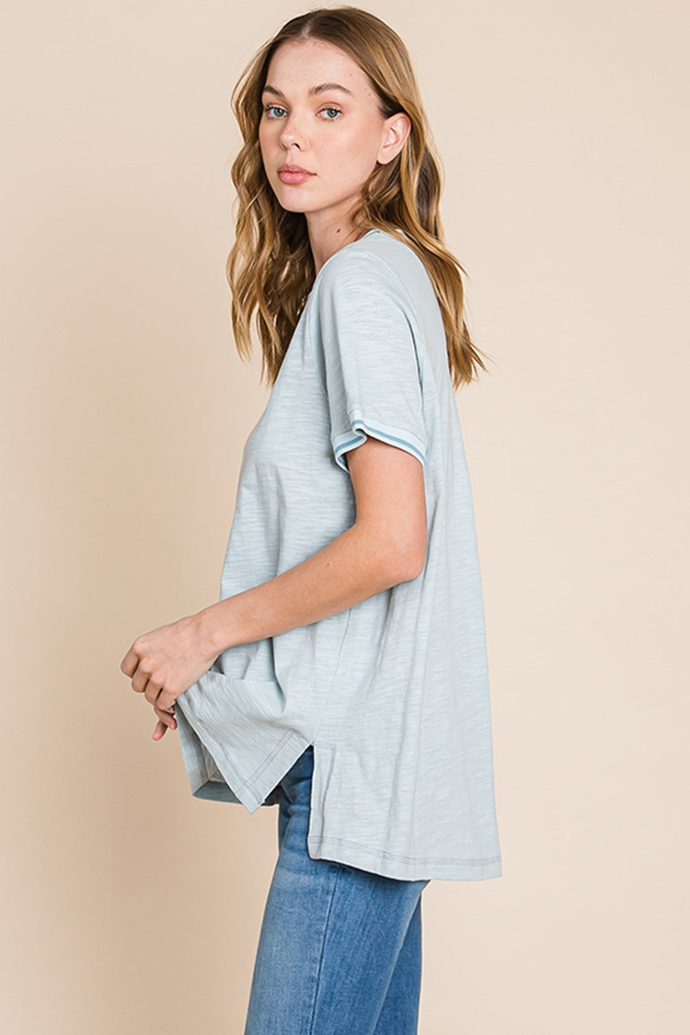 Cotton Bleu by Nu Lab Contrast Trim Short Sleeve Slit T-Shirt 7297 | Gulf Resellers