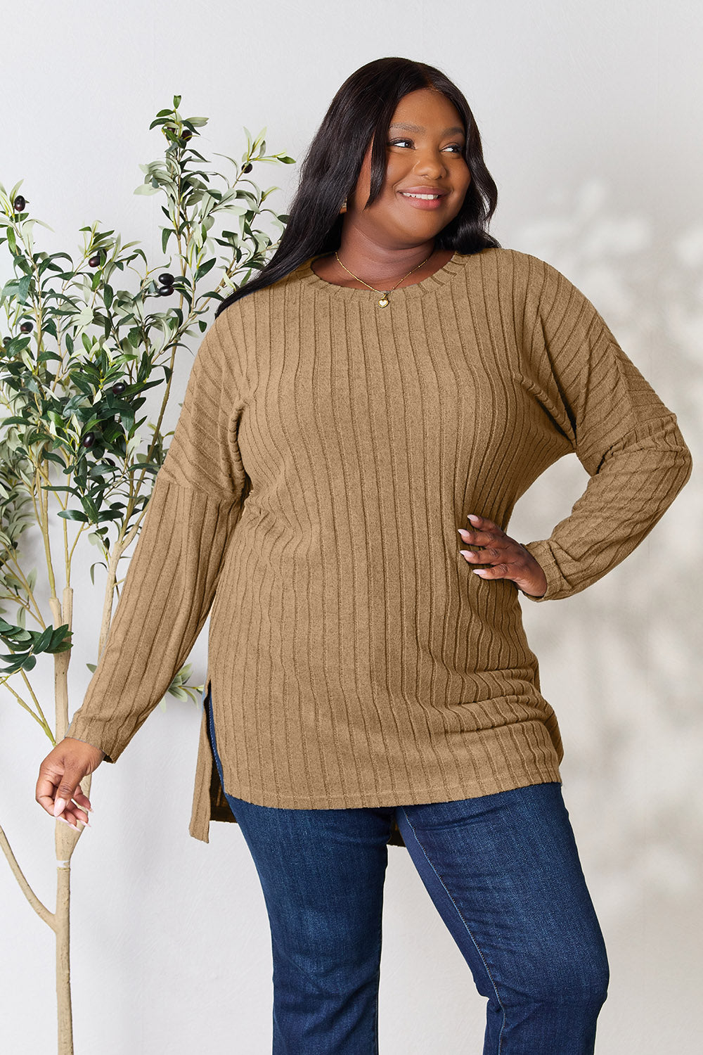 Basic Bae Full Size Ribbed Round Neck Long Sleeve Slit Top | Gulf Resellers