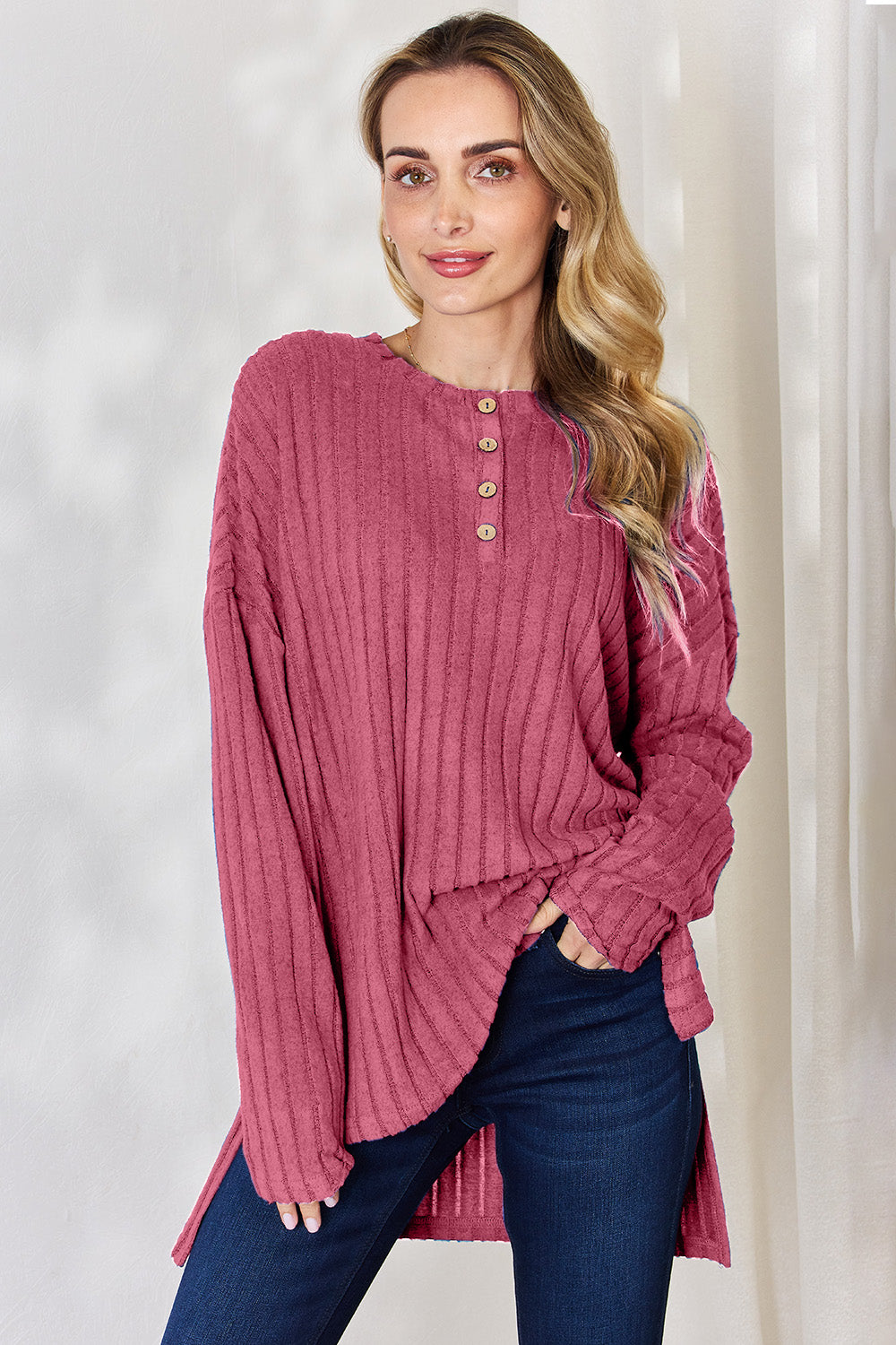 Basic Bae Full Size Ribbed Half Button Long Sleeve High-Low T-Shirt | Gulf Resellers