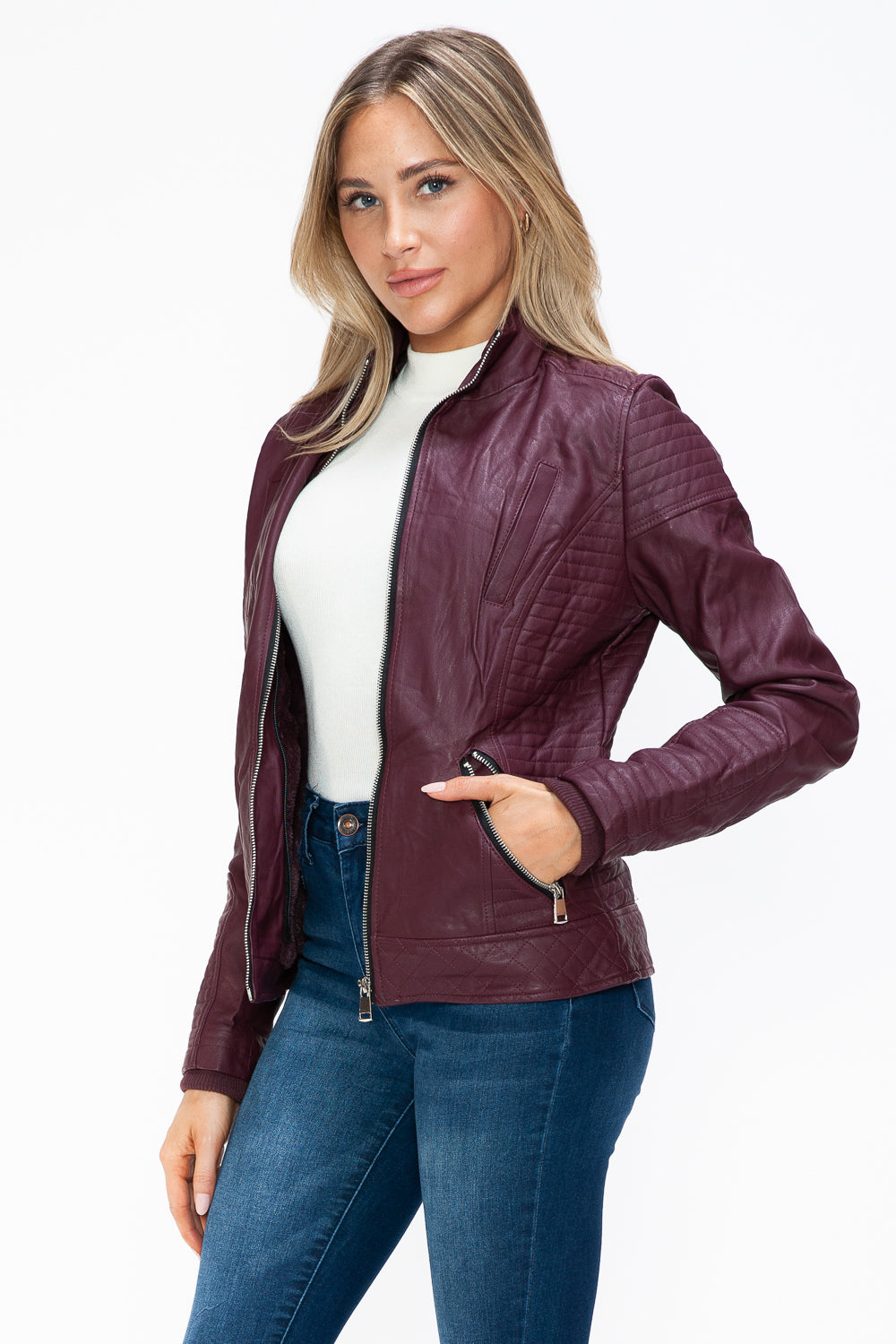 YMI Faux Layered Double-Zipper Jacket with Fuzzy Hood 15735 | Gulf Resellers