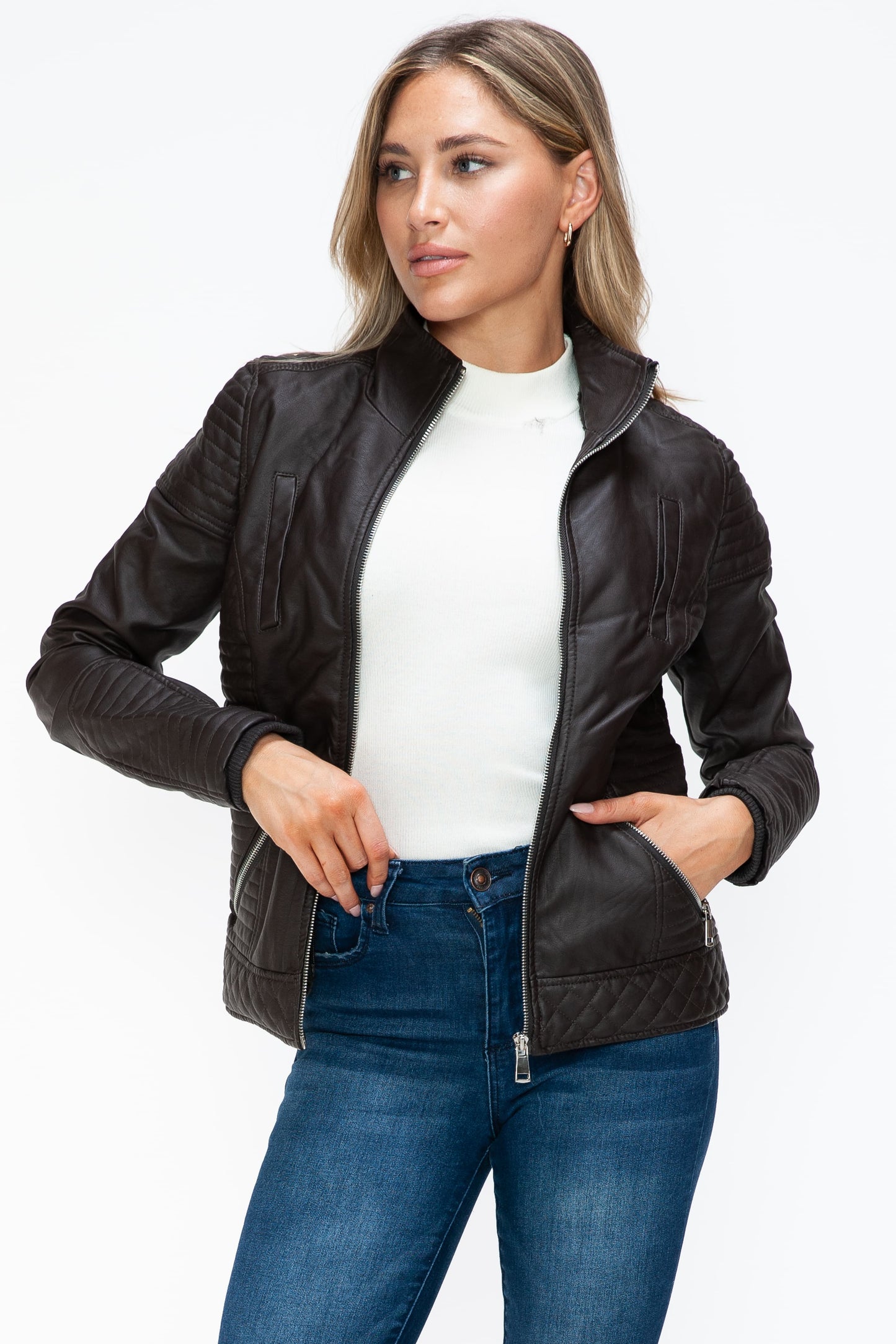 YMI Faux Layered Double-Zipper Jacket with Fuzzy Hood 15953 | Gulf Resellers