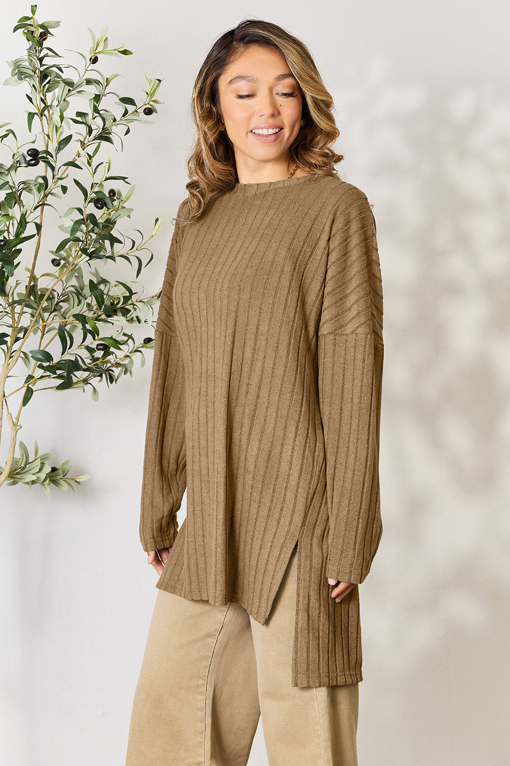 Basic Bae Full Size Ribbed Round Neck Long Sleeve Slit Top | Gulf Resellers