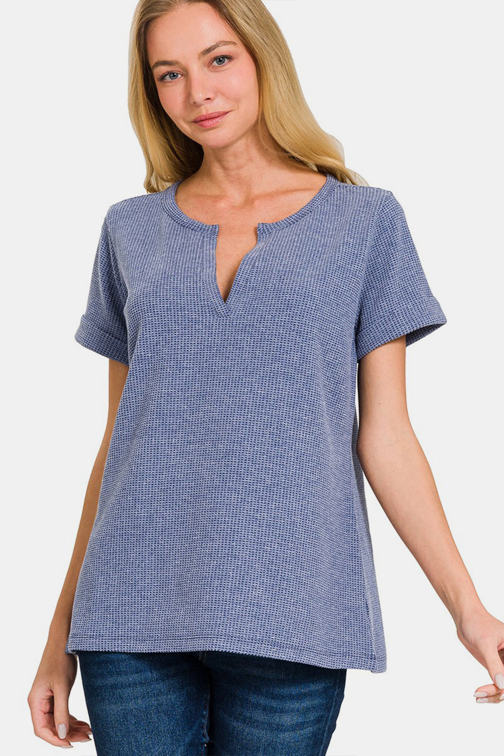 Zenana Notched Short Sleeve Waffle T-Shirt 7897 | Gulf Resellers