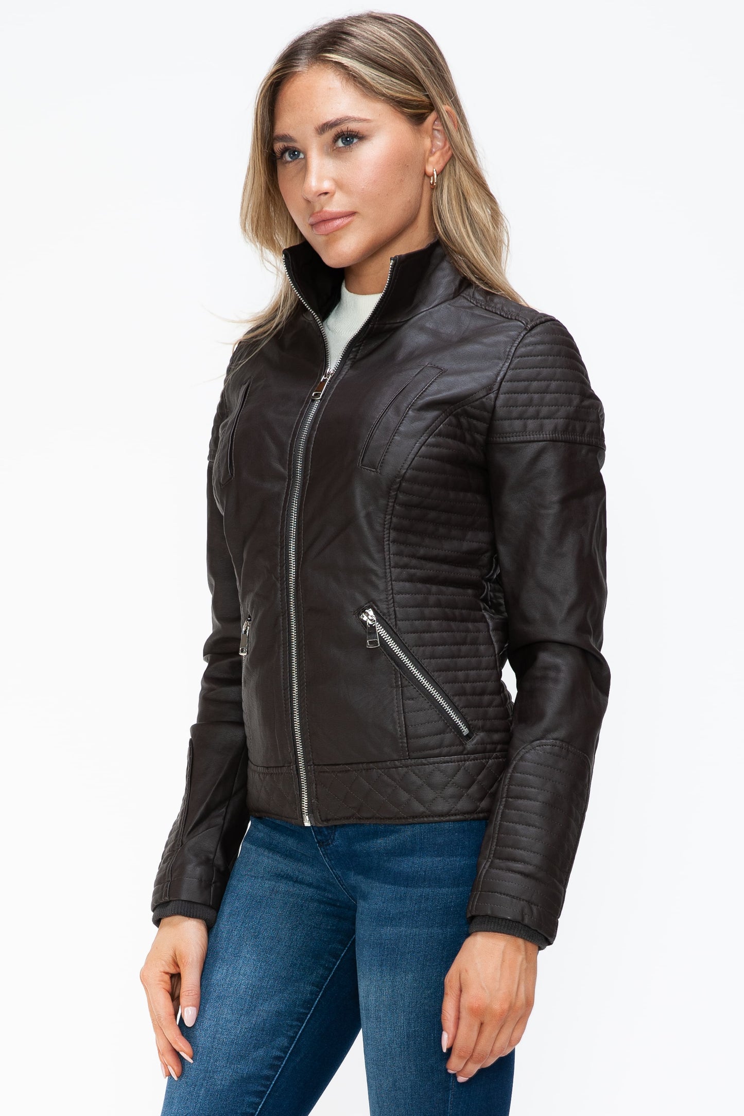YMI Faux Layered Double-Zipper Jacket with Fuzzy Hood 15956 | Gulf Resellers