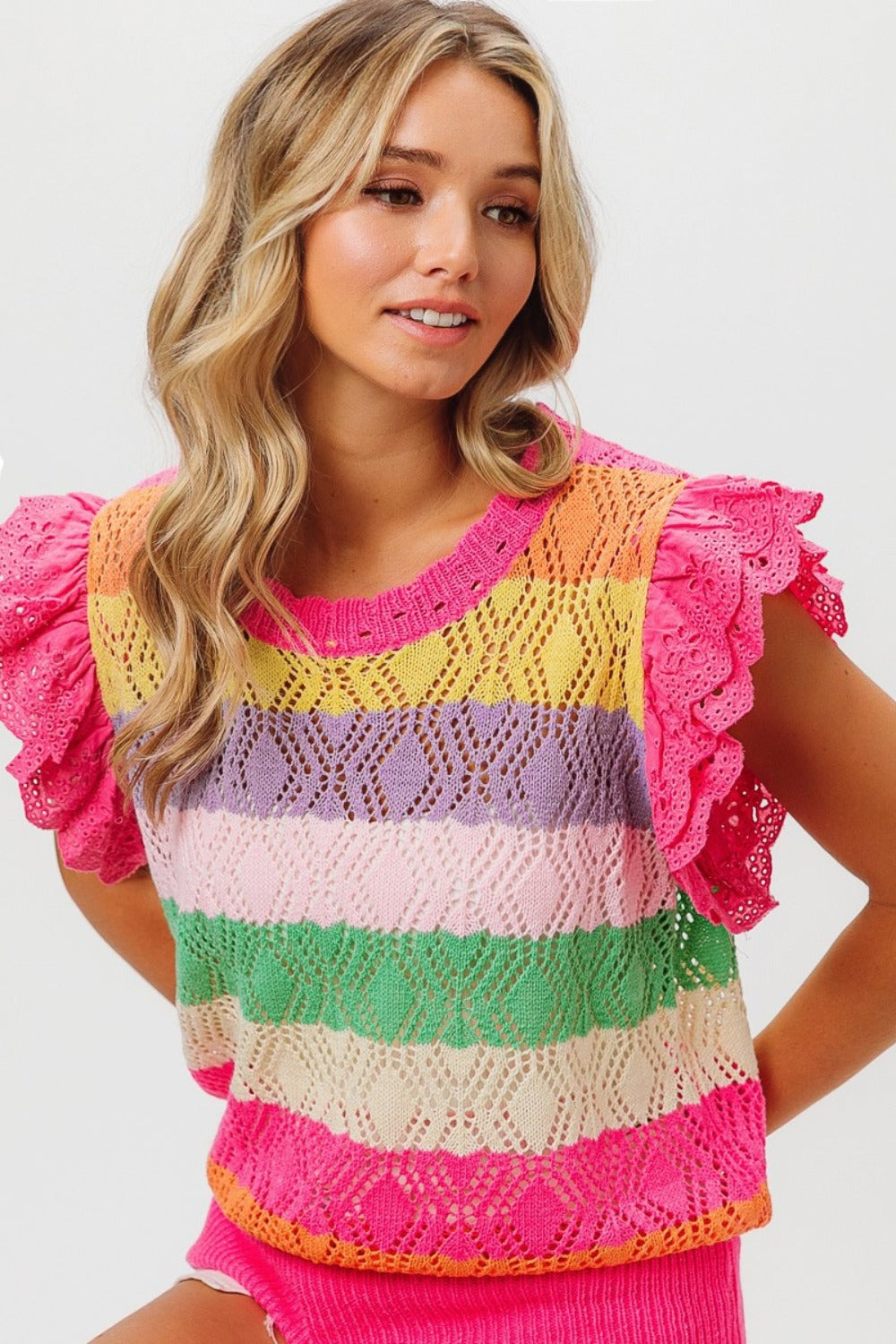BiBi Pointelle Striped Ruffled Knit Top 8238 | Gulf Resellers