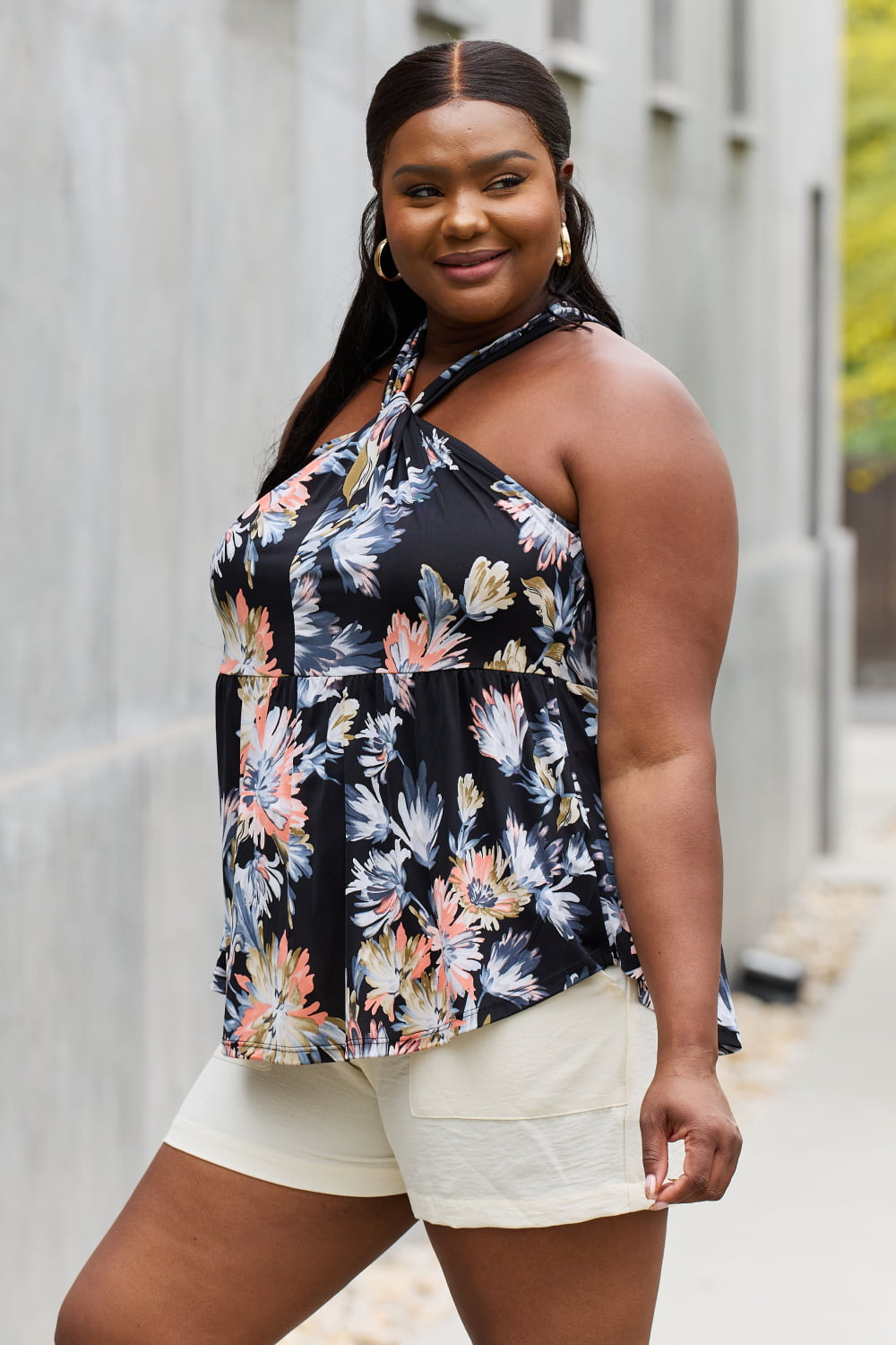 Be Stage Full Size Floral Halter Top in Black 16599 | Gulf Resellers