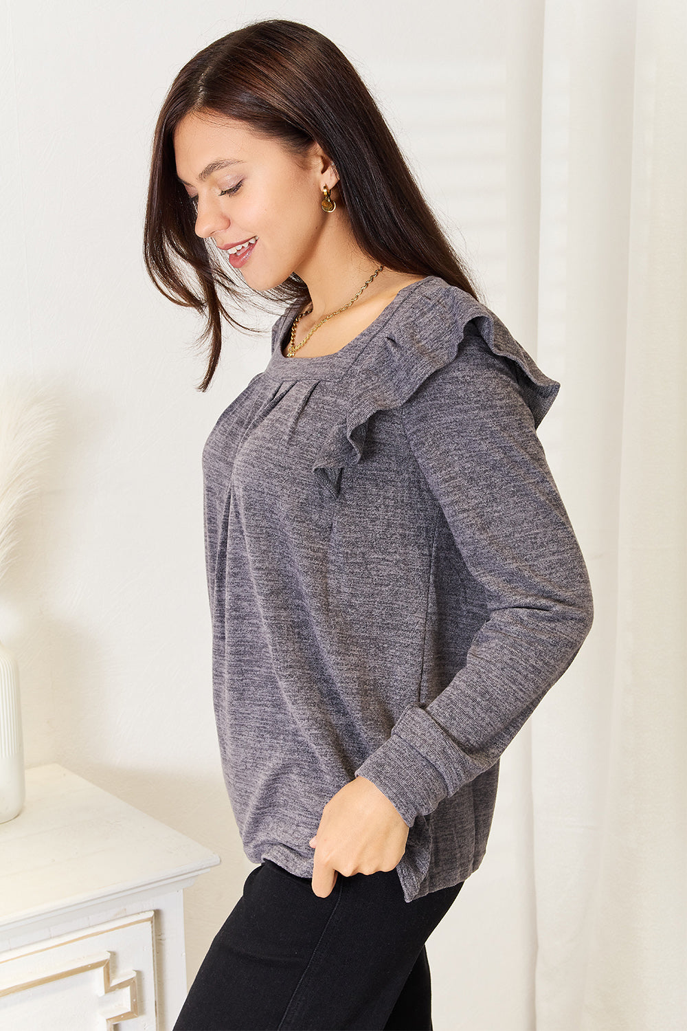 Double Take Square Neck Ruffle Shoulder Long Sleeve T-Shirt | Gulf Resellers