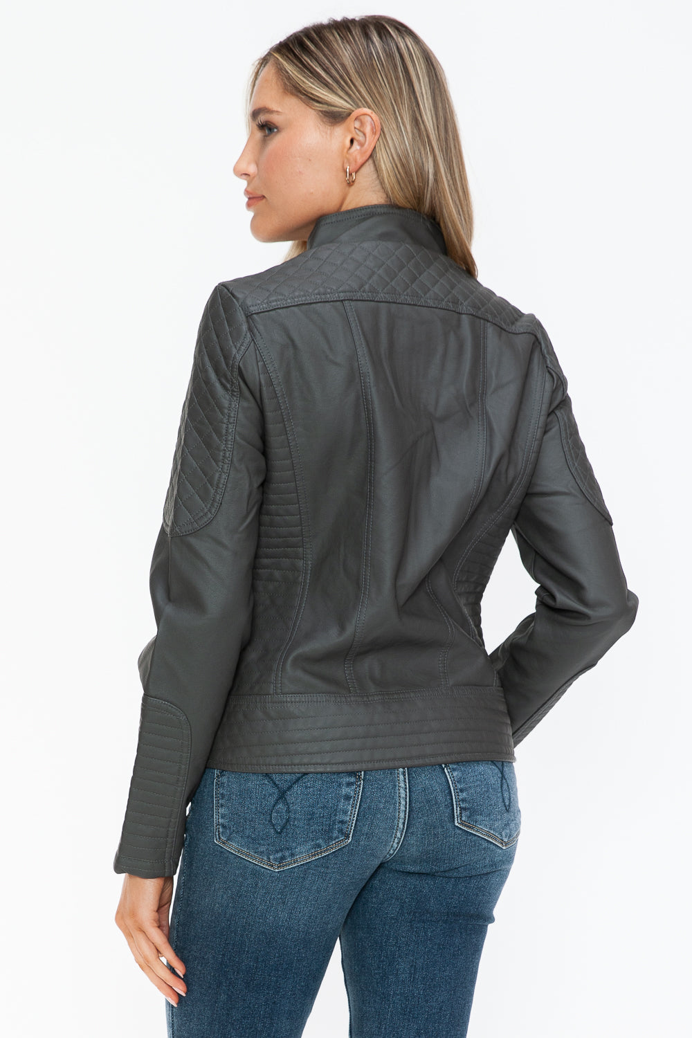 Snobbish Faux Leather Zip Up Mock Neck Jacket 15213 | Gulf Resellers