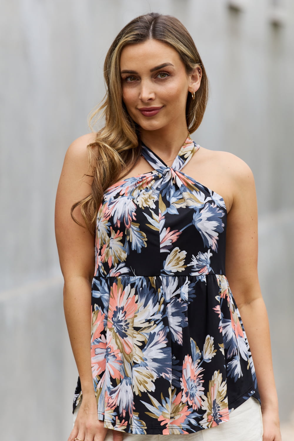 Be Stage Full Size Floral Halter Top in Black 16597 | Gulf Resellers