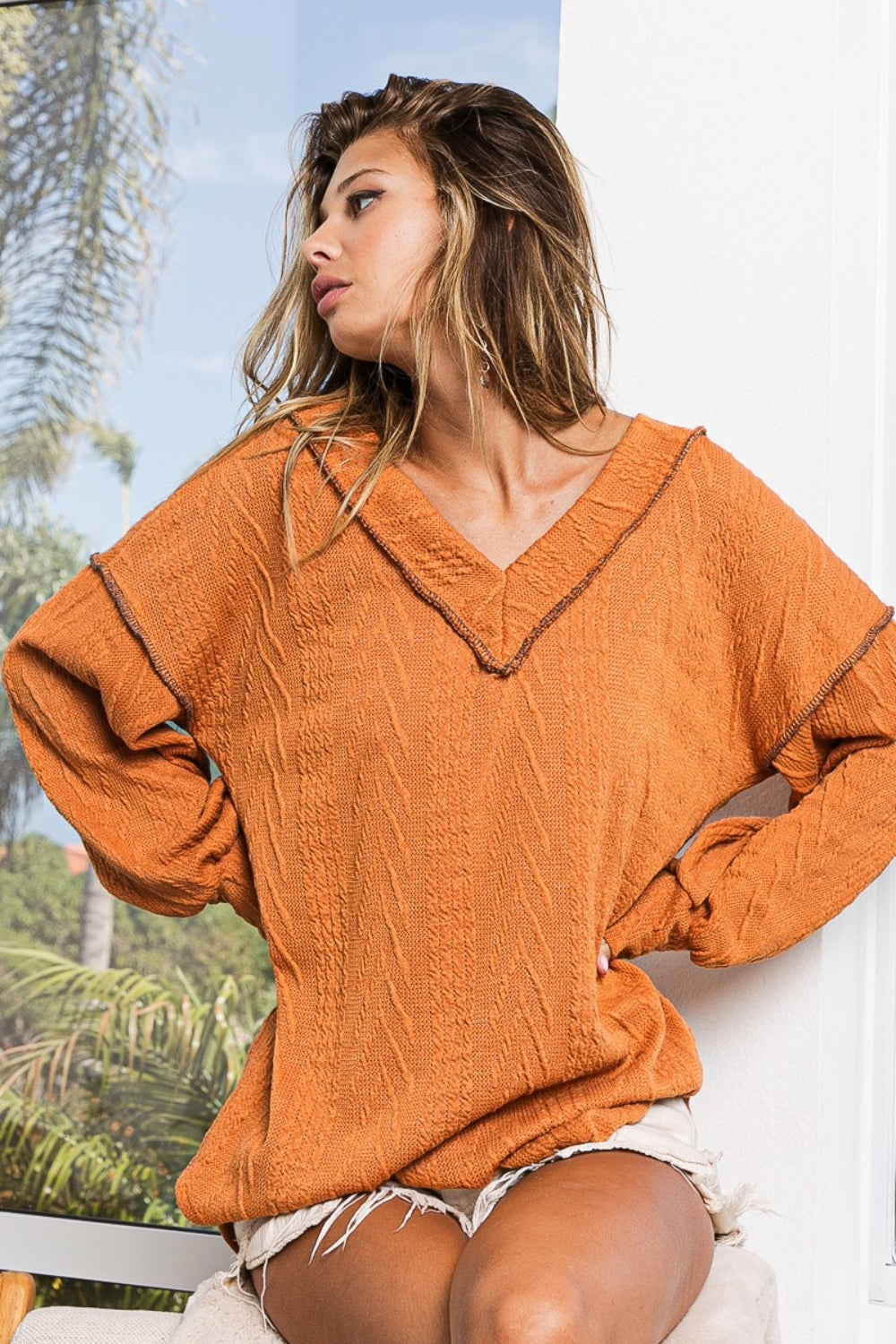 BiBi Textured Exposed Seam Drop Shoulder Knit Top 8220 | Gulf Resellers