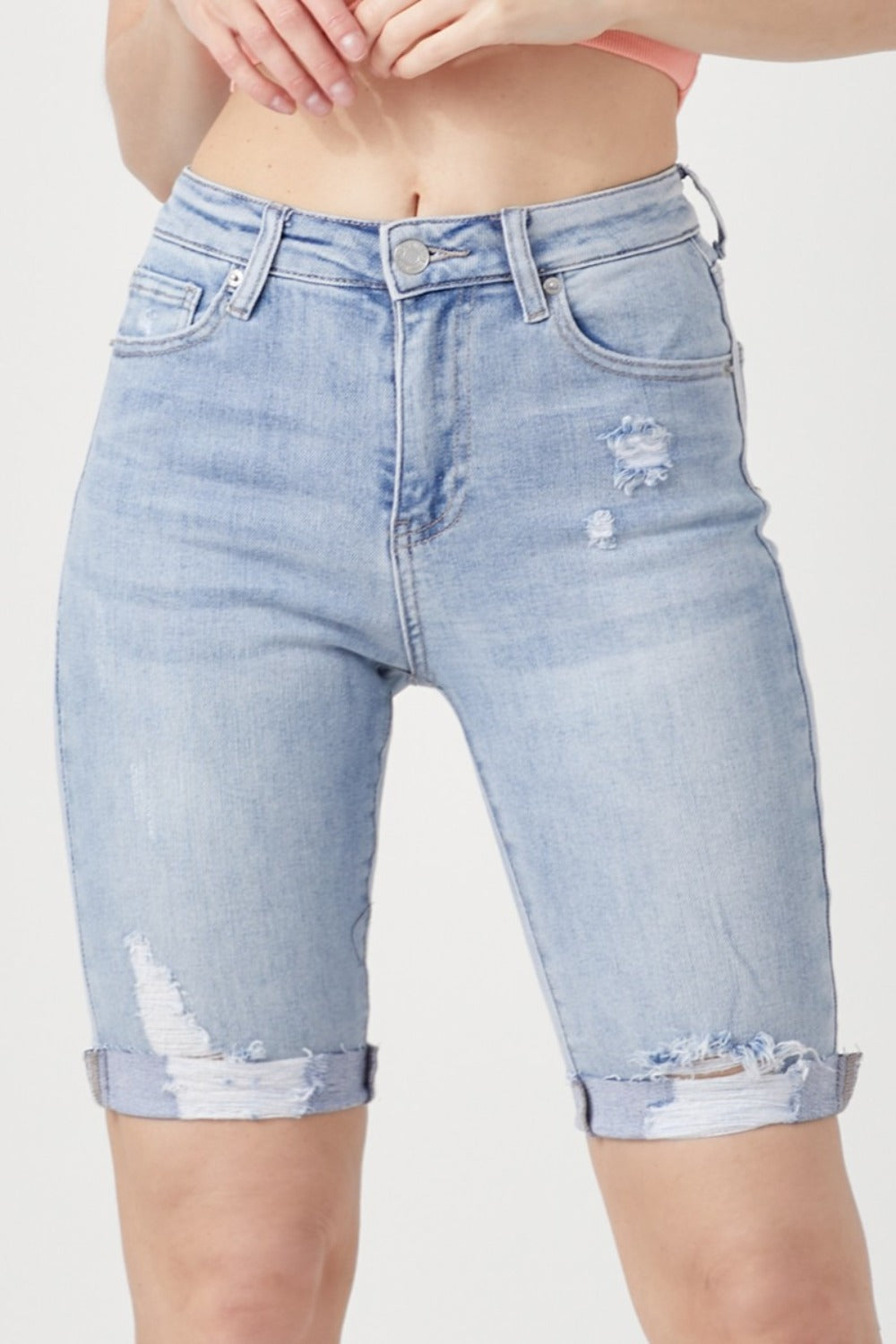 RISEN High Rise Distressed Denim Bermuda Shorts 14199 | Gulf Resellers