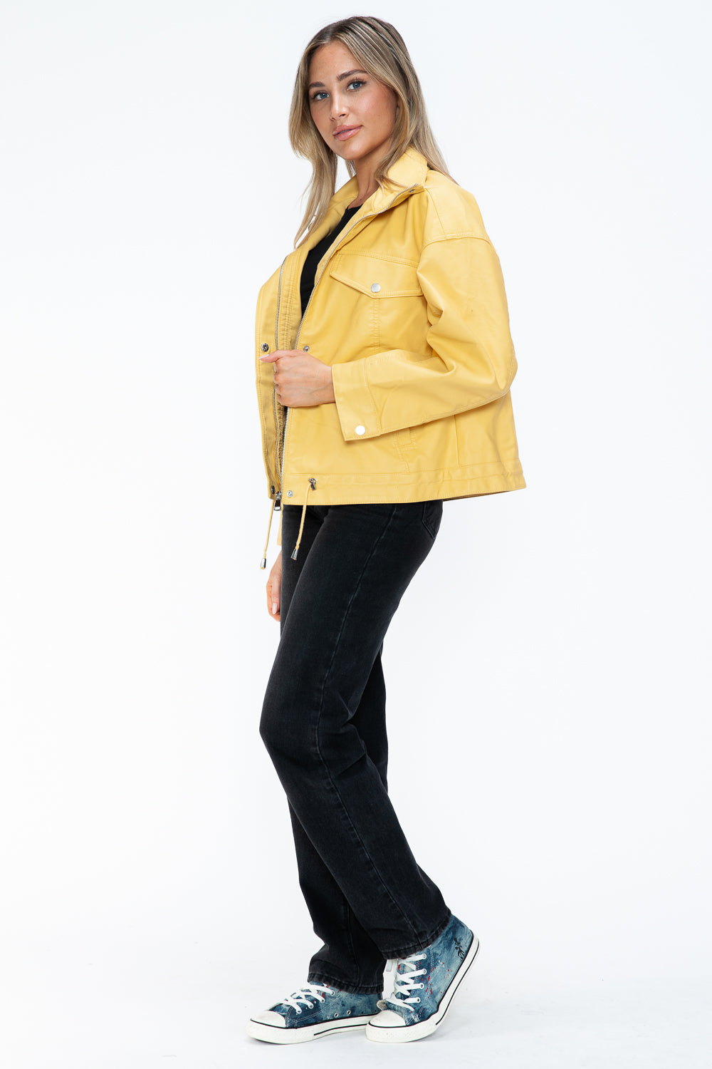 How Dare U Drawstring Hem PU Leather Zip Up Jacket 15680 | Gulf Resellers