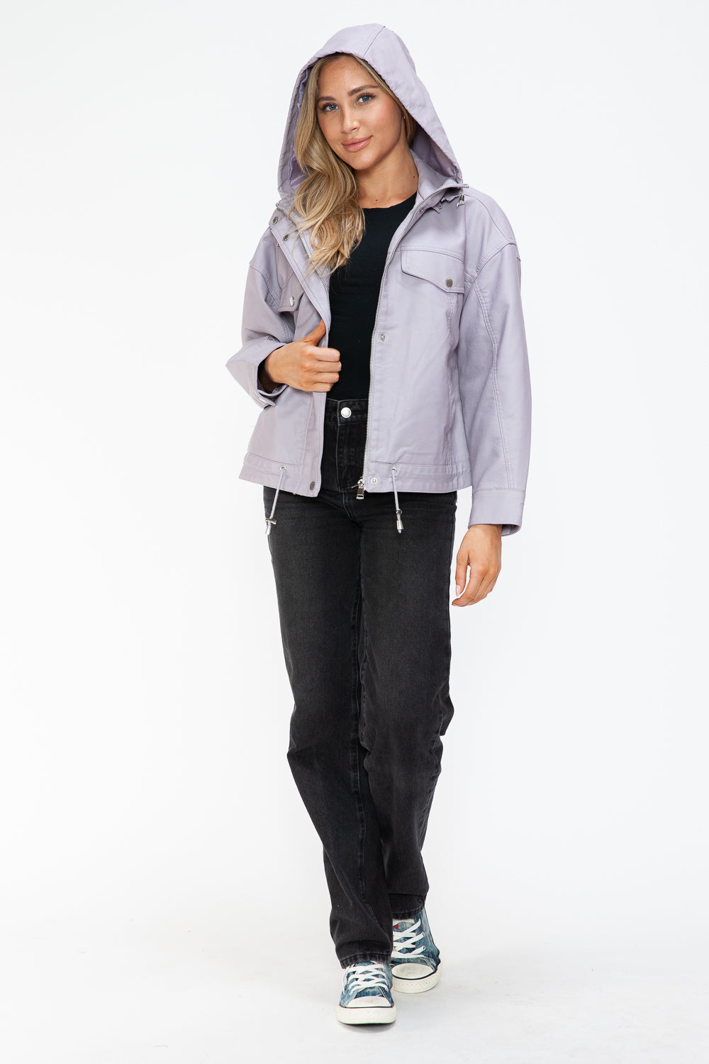 How Dare U Drawstring Hem PU Leather Zip Up Jacket 15457 | Gulf Resellers