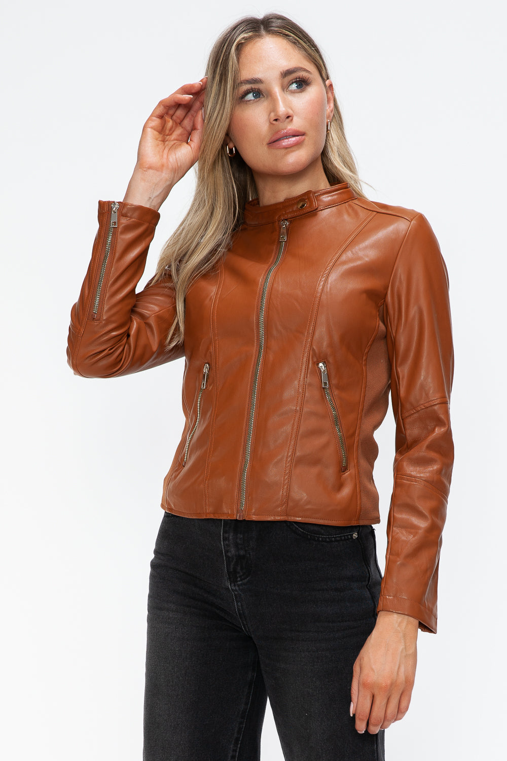 Snobbish Faux Leather Zip Up Drawstring Hooded Jacket 16019 | Gulf Resellers