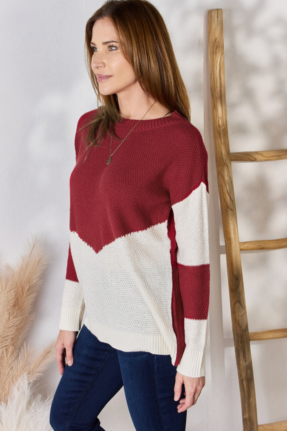 Hailey & Co Full Size Color Block Dropped Shoulder Knit Top | Gulf Resellers