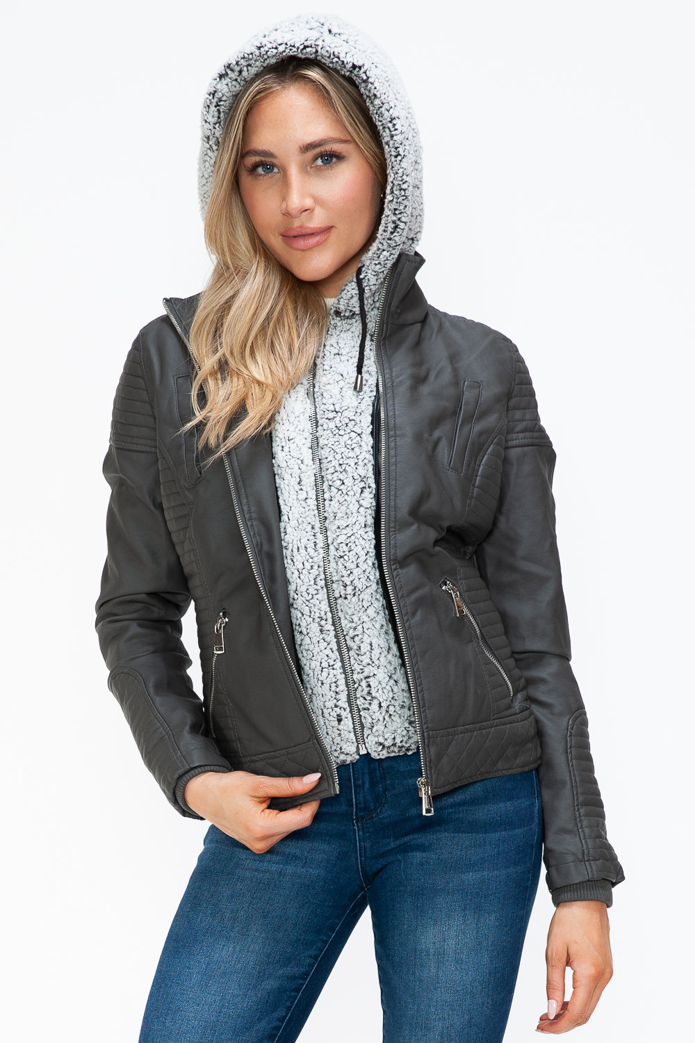 YMI Faux Layered Double-Zipper Jacket with Fuzzy Hood 15385 | Gulf Resellers