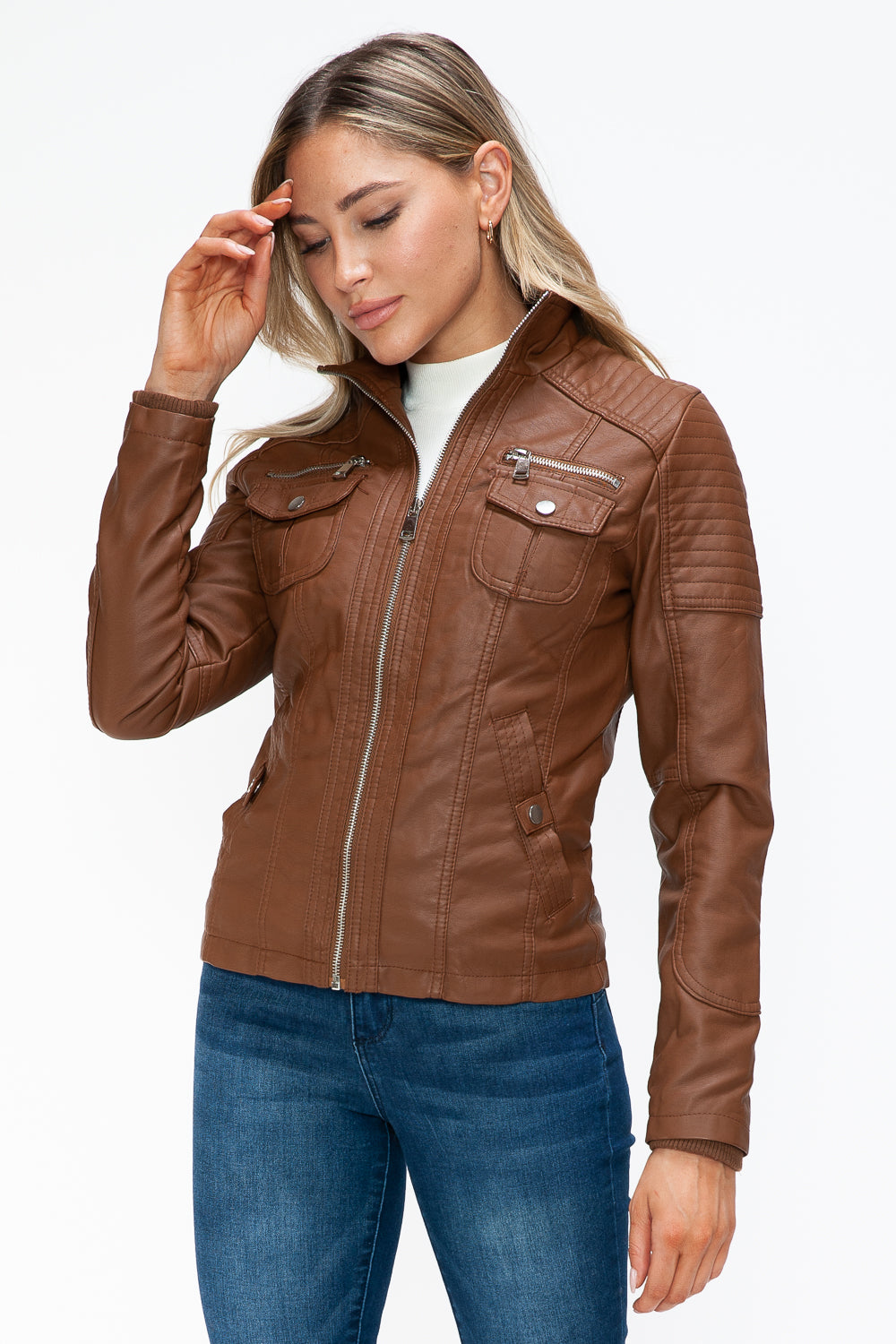 YMI Removable Faux Layered Multi-Pocket Jacket with Fuzzy Hood 15799 | Gulf Resellers