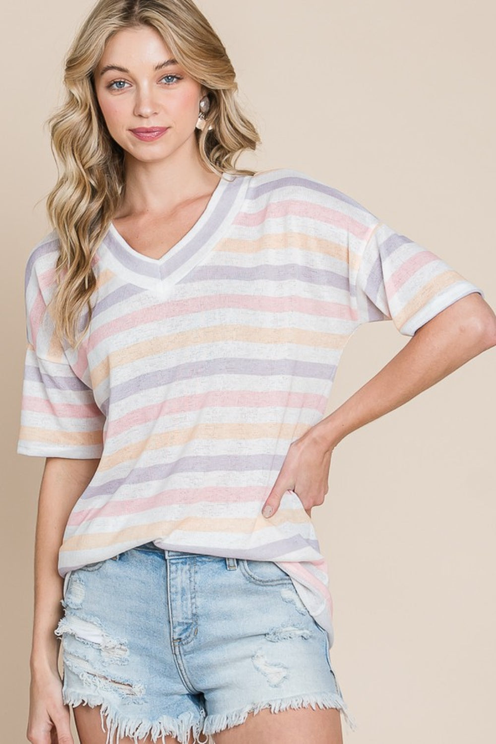 BOMBOM Striped V-Neck Short Sleeve T-Shirt 7539 | Gulf Resellers