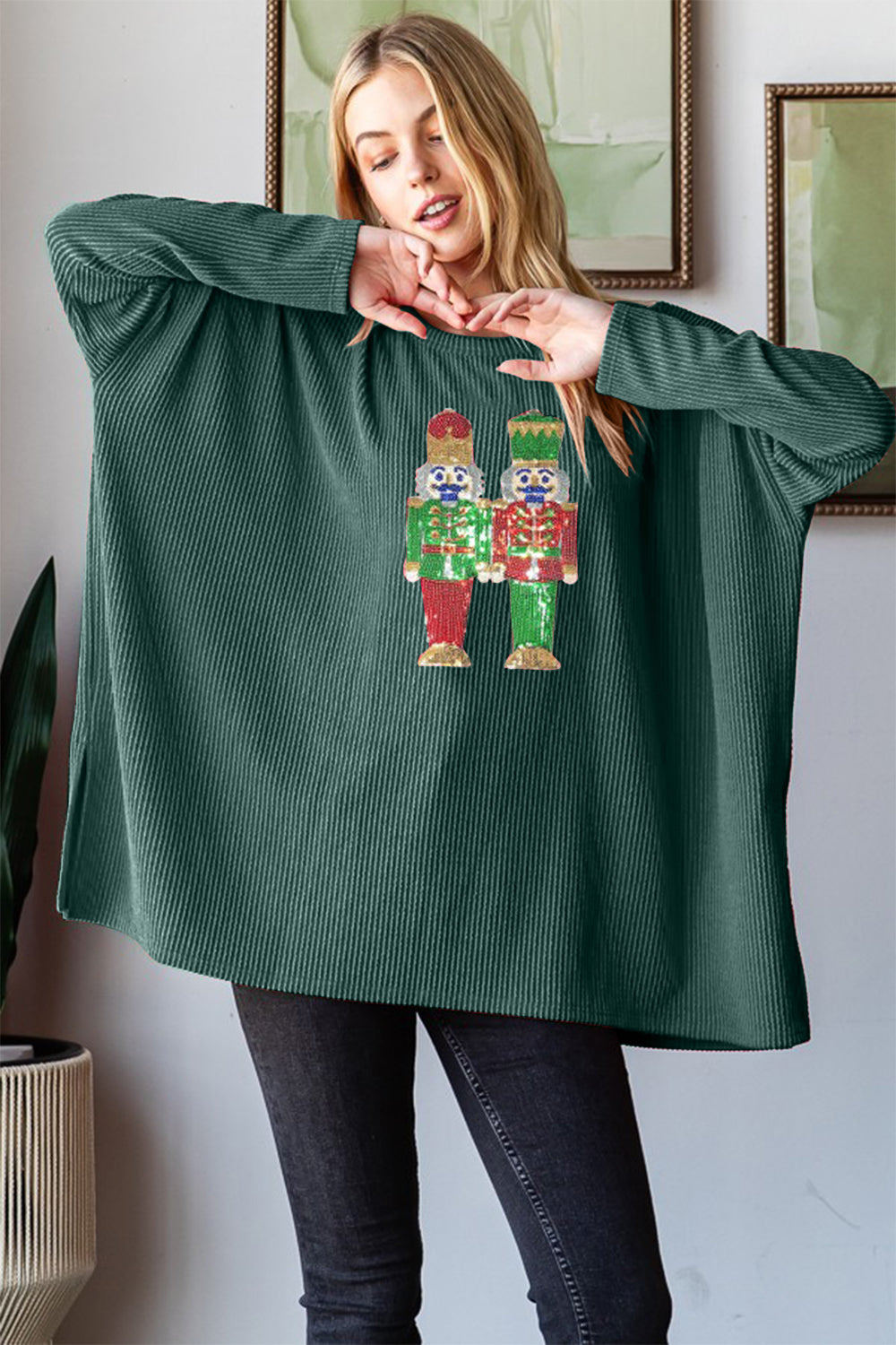 Heimish Sequin Nutcracker Long Sleeve Ribbed Top 18193 | Gulf Resellers