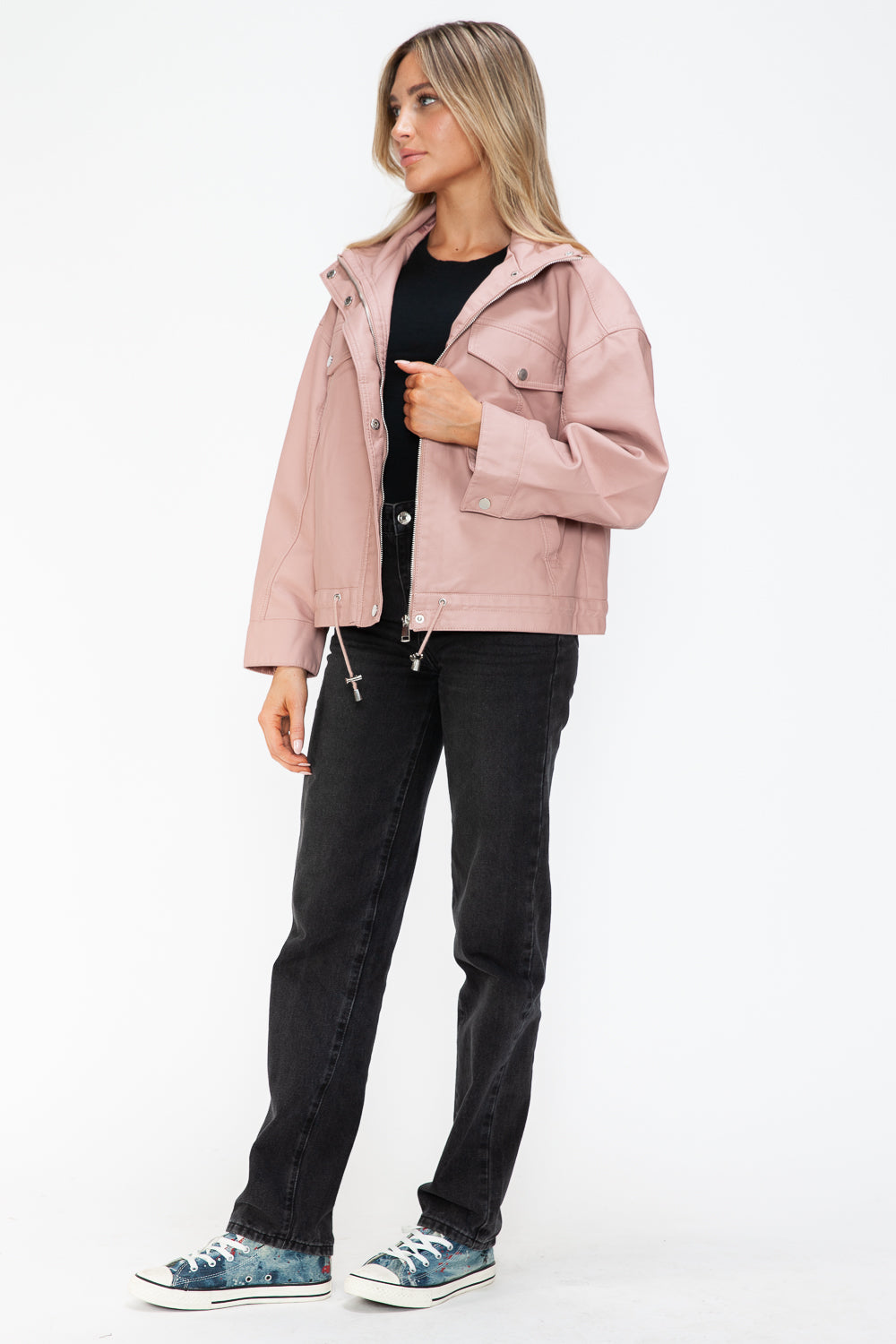 How Dare U Drawstring Hem PU Leather Zip Up Jacket 15558 | Gulf Resellers