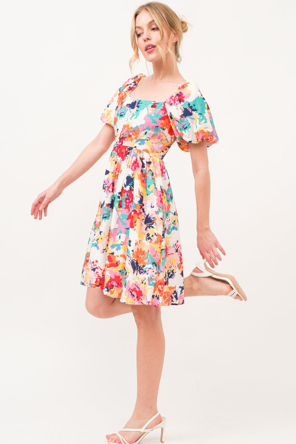 And The Why Square Neck Puff Sleeve Floral Dress 6019 | Gulf Resellers