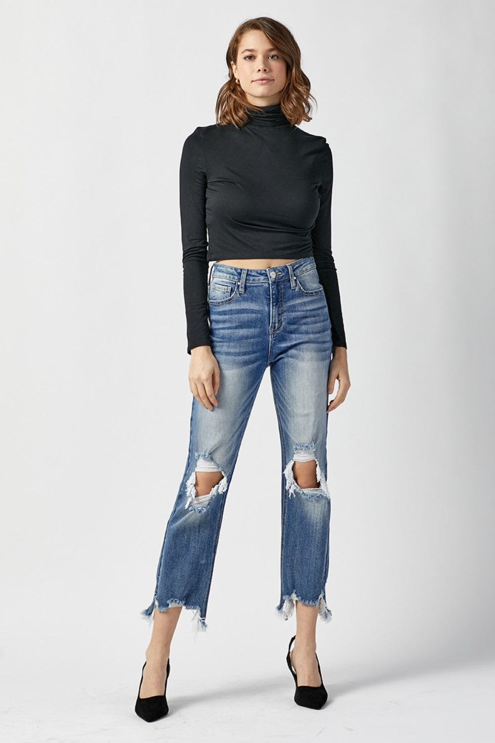RISEN High Waist Distressed Frayed Hem Cropped Straight Jeans | Gulf Resellers