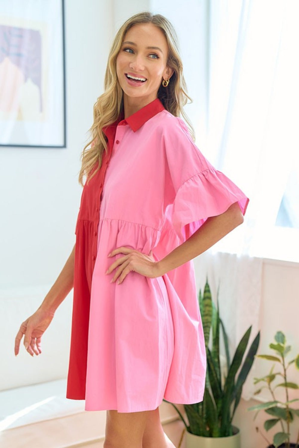 First Love Full Size Color Blocked Button Down Babydoll Dress 6822 | Gulf Resellers