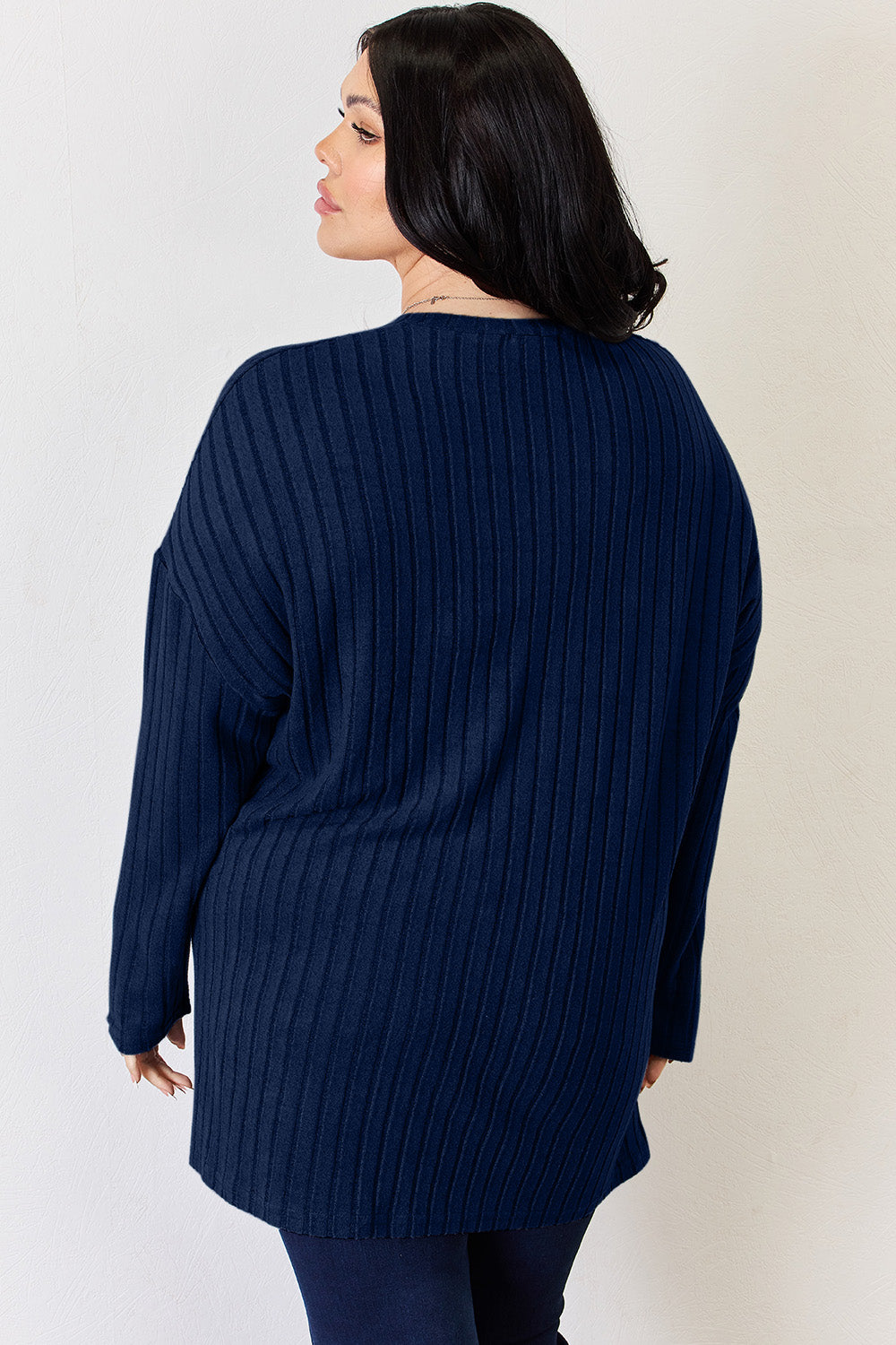 Basic Bae Full Size Ribbed Half Button Long Sleeve High-Low T-Shirt | Gulf Resellers