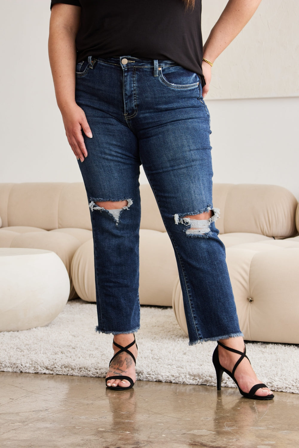RFM Crop Dylan Full Size Tummy Control Distressed High Waist Raw Hem Jeans 4927 | Gulf Resellers