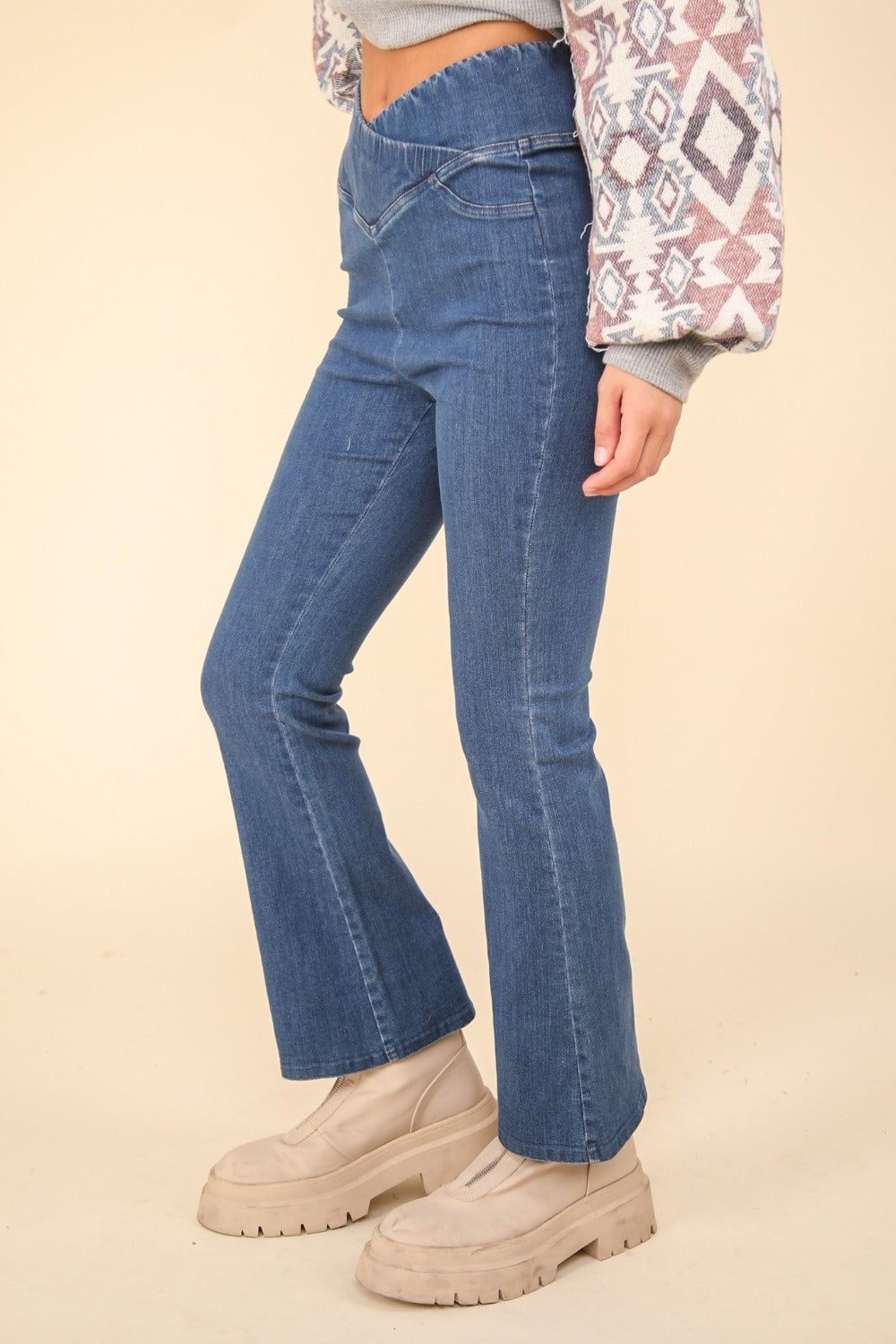 VERY J Washed Denim Stretchy Crossover Waist Leggings 10465 | Gulf Resellers