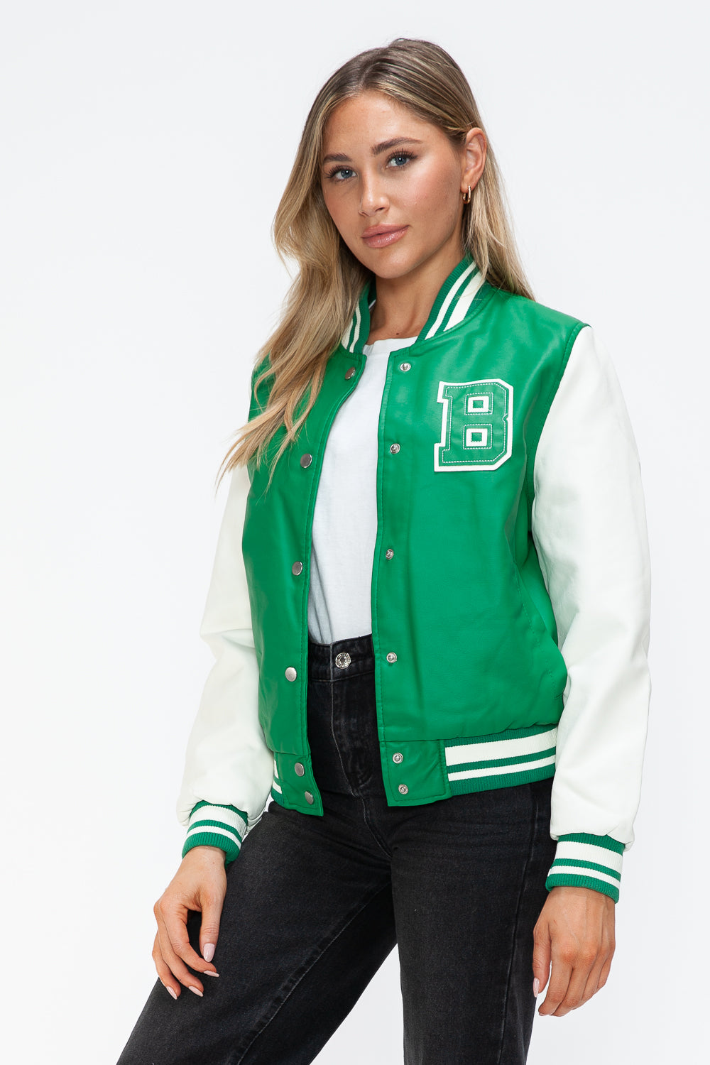 Love Me Now PU Leather Contrast Snap Down Bomber Jacket 15776 | Gulf Resellers