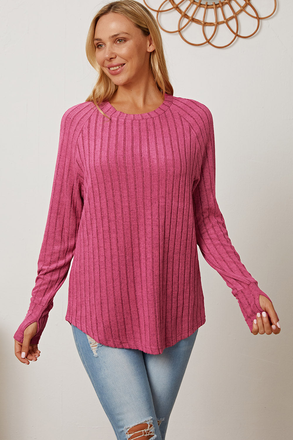 Basic Bae Full Size Ribbed Thumbhole Sleeve T-Shirt | Gulf Resellers