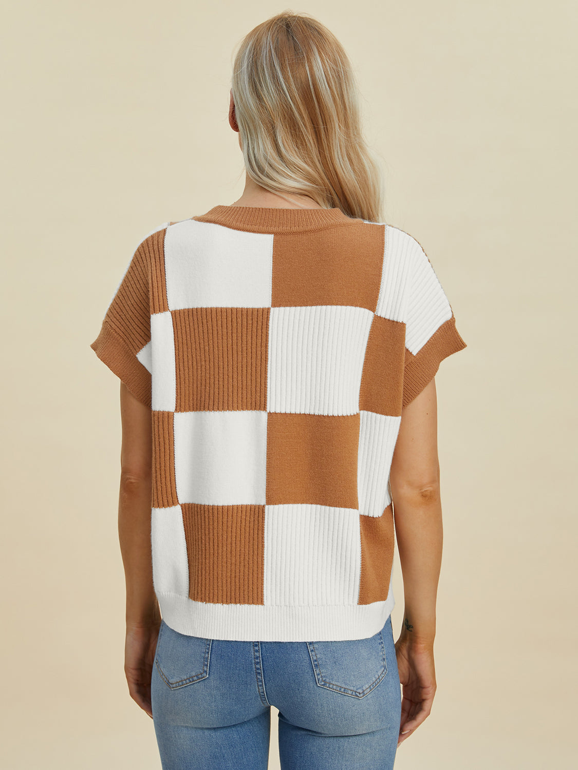 Double Take Full Size Checkered Round Neck Short Sleeve Sweater 8743 | Gulf Resellers