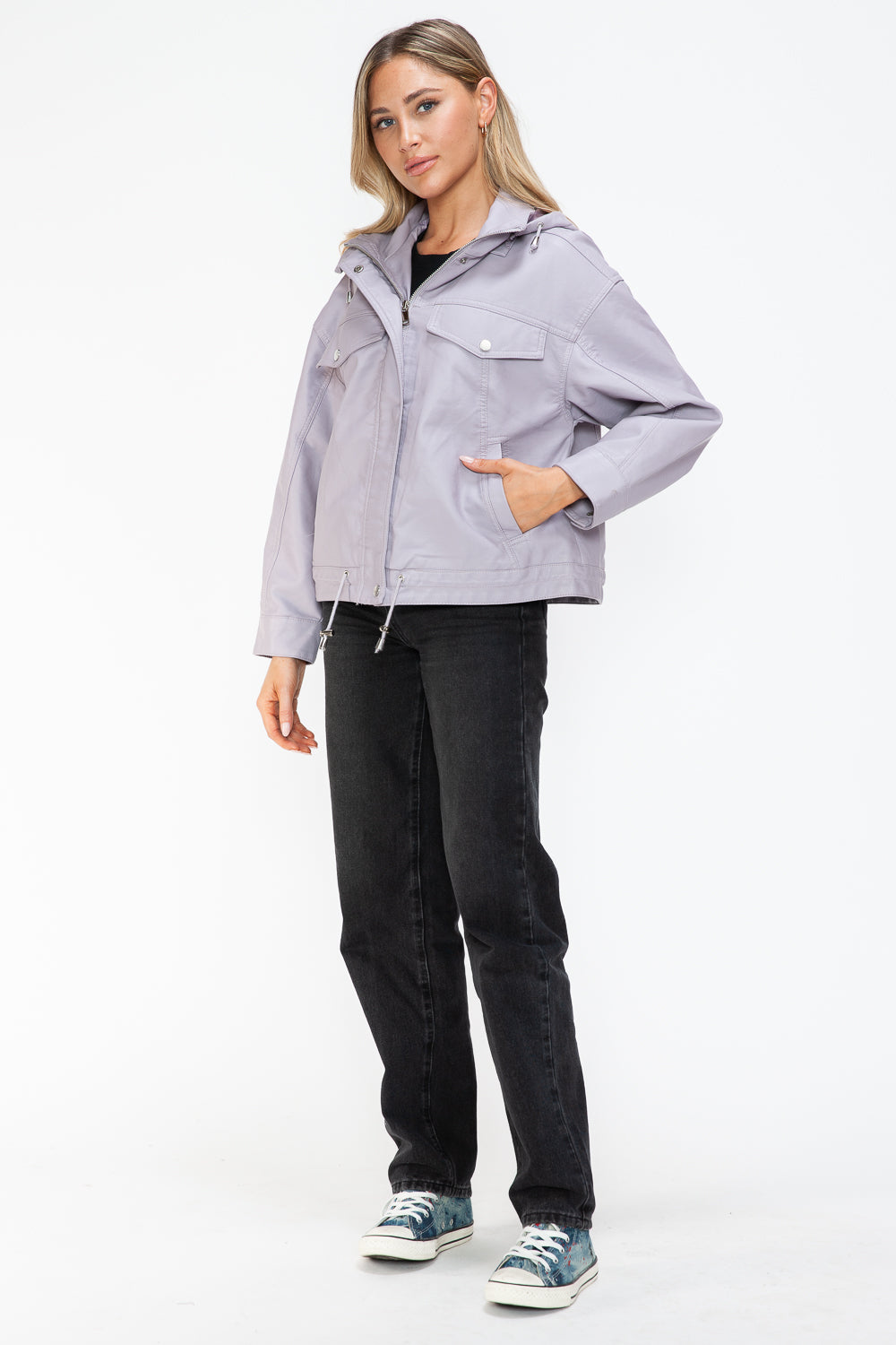 How Dare U Drawstring Hem PU Leather Zip Up Jacket 15453 | Gulf Resellers