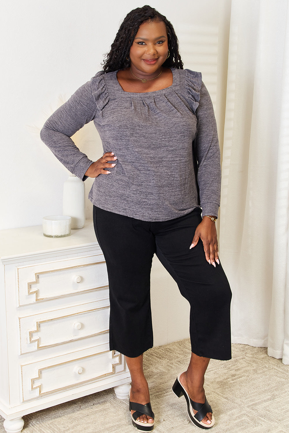 Double Take Square Neck Ruffle Shoulder Long Sleeve T-Shirt | Gulf Resellers